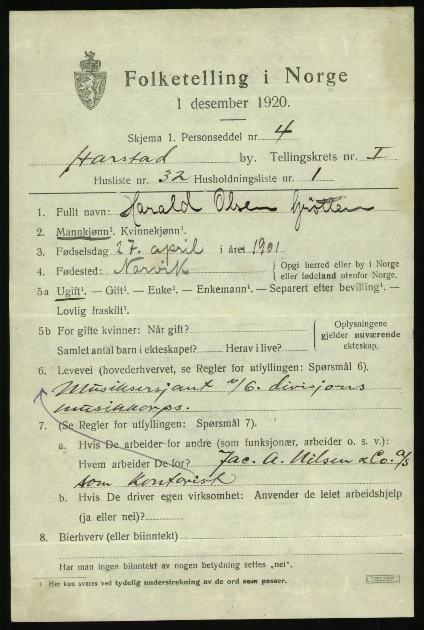 SATØ, 1920 census for Harstad, 1920, p. 2940