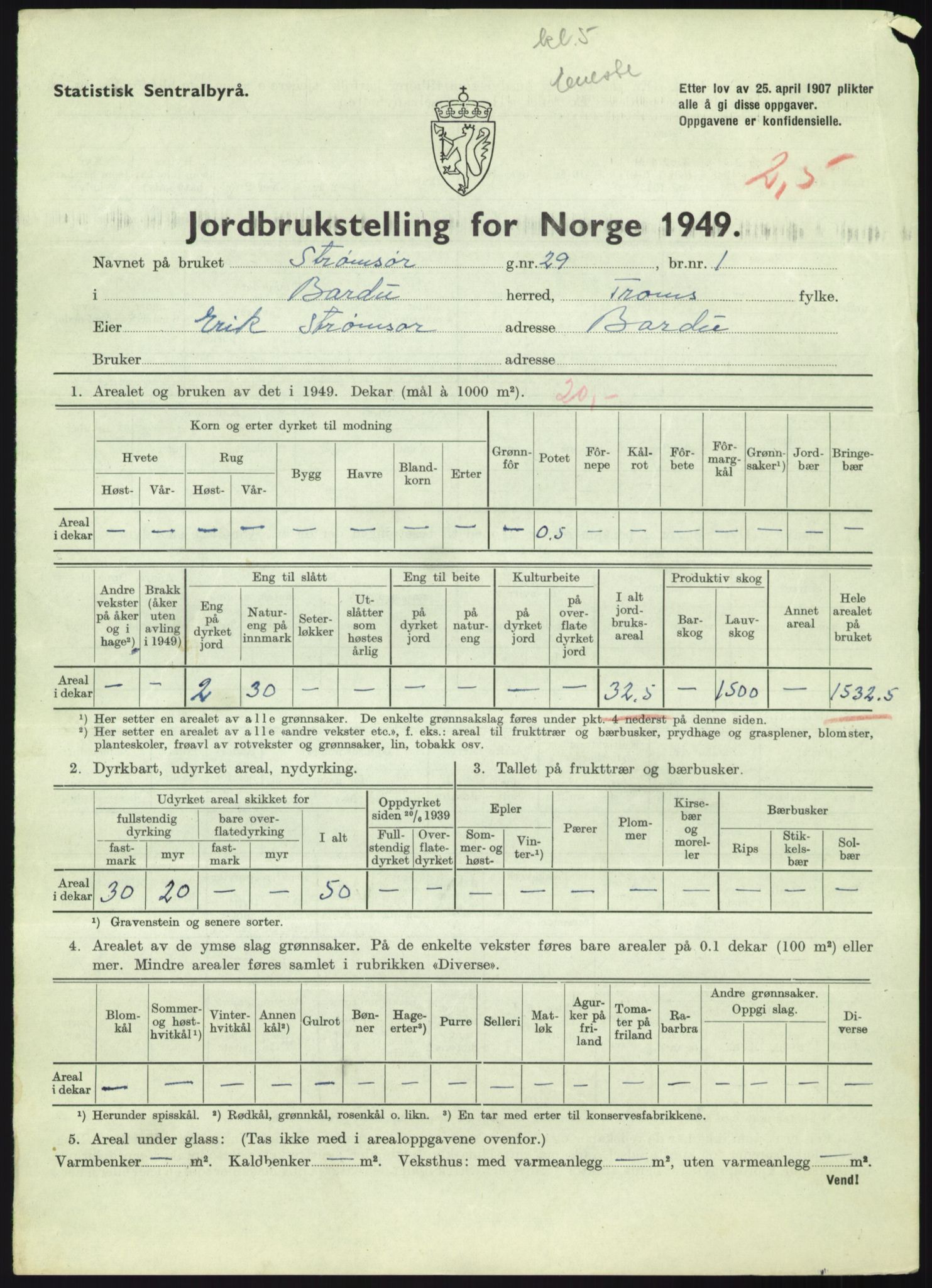 Statistisk sentralbyrå, Næringsøkonomiske emner, Jordbruk, skogbruk, jakt, fiske og fangst, AV/RA-S-2234/G/Gc/L0438: Troms: Salangen og Bardu, 1949, p. 1037