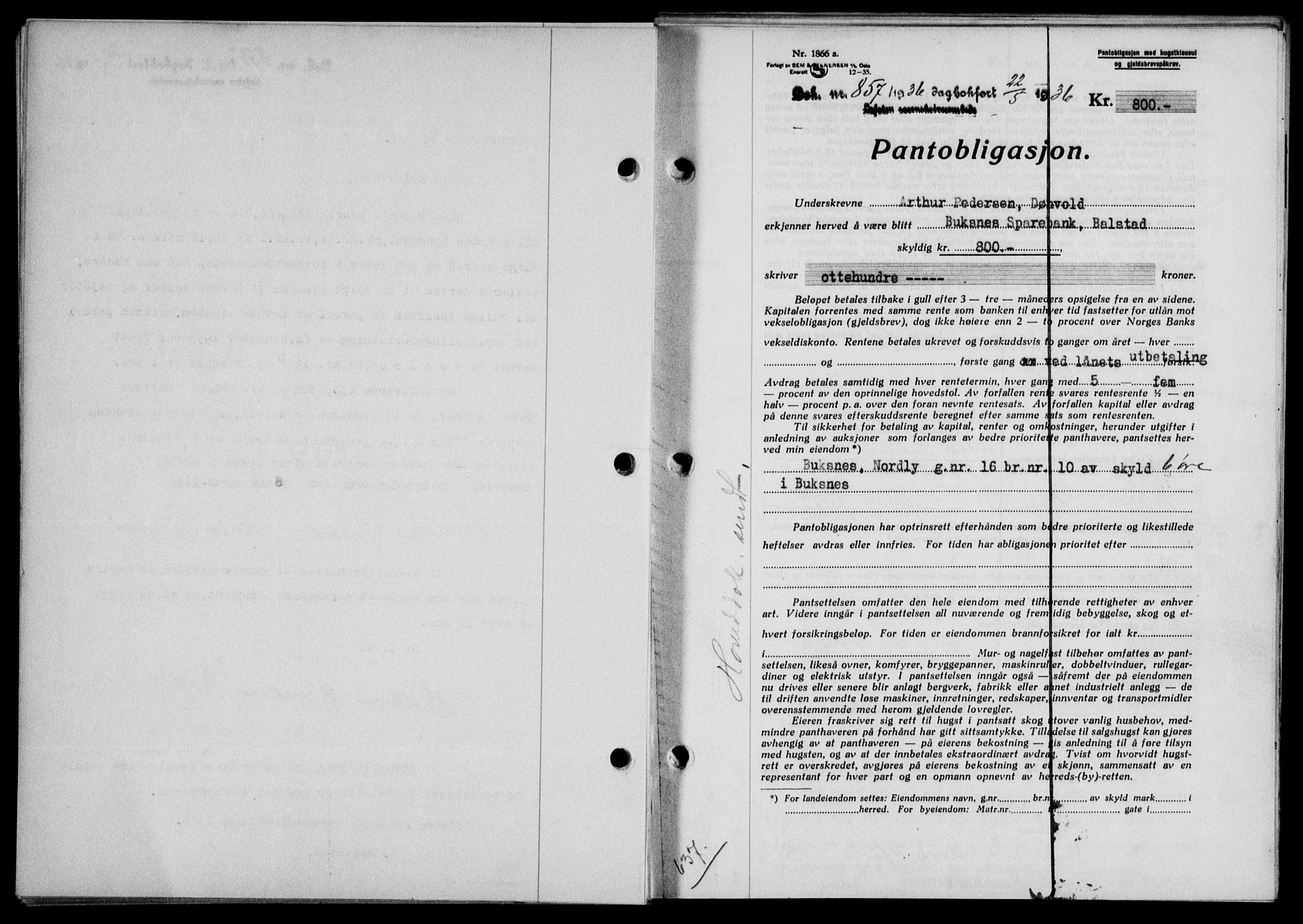 Lofoten sorenskriveri, SAT/A-0017/1/2/2C/L0033b: Mortgage book no. 33b, 1936-1936, Diary no: : 857/1936