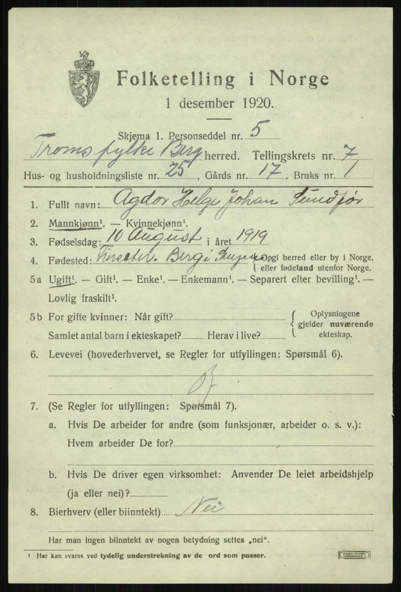 SATØ, 1920 census for Berg, 1920, p. 2738