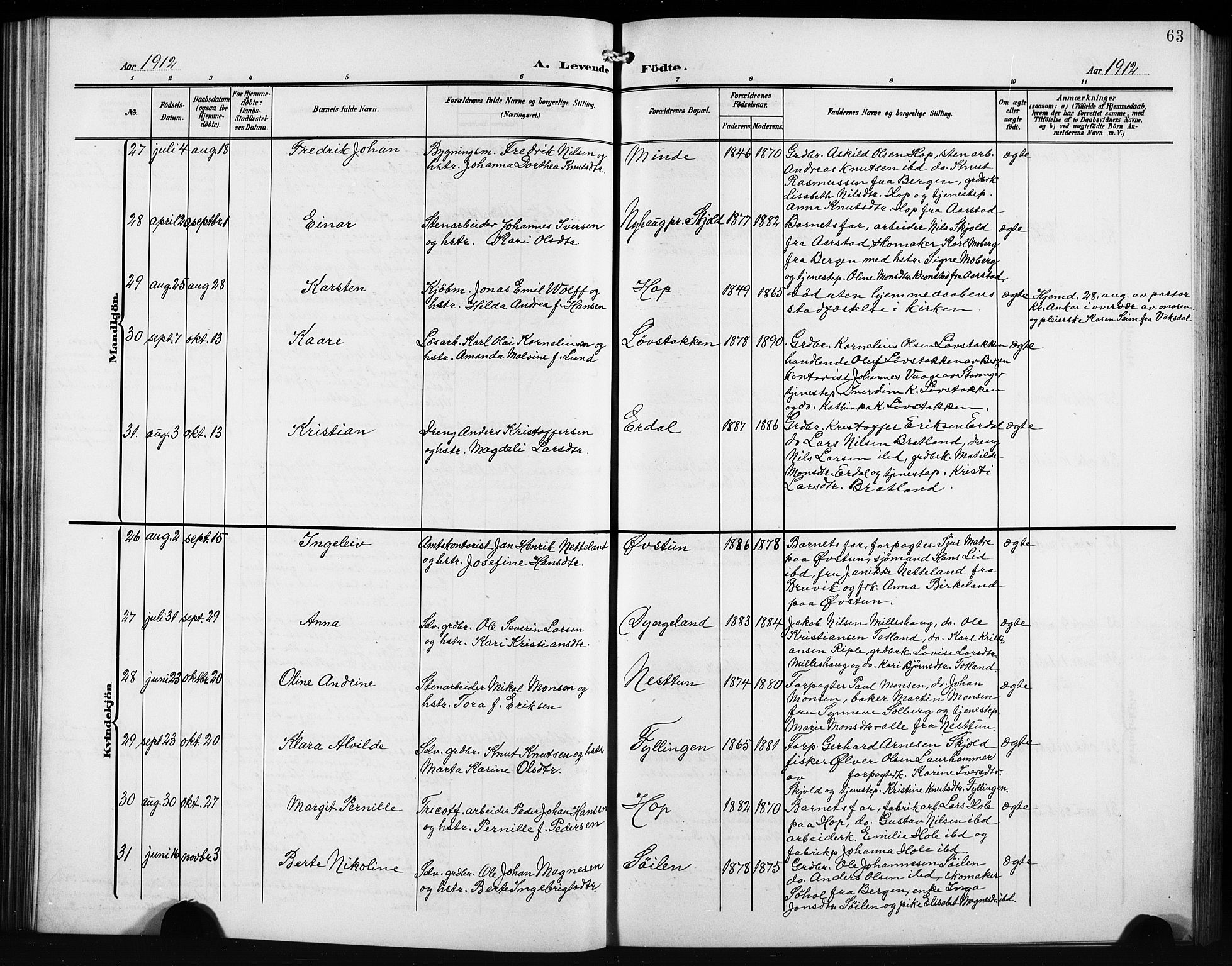 Birkeland Sokneprestembete, AV/SAB-A-74601/H/Hab: Parish register (copy) no. A 6, 1906-1915, p. 63