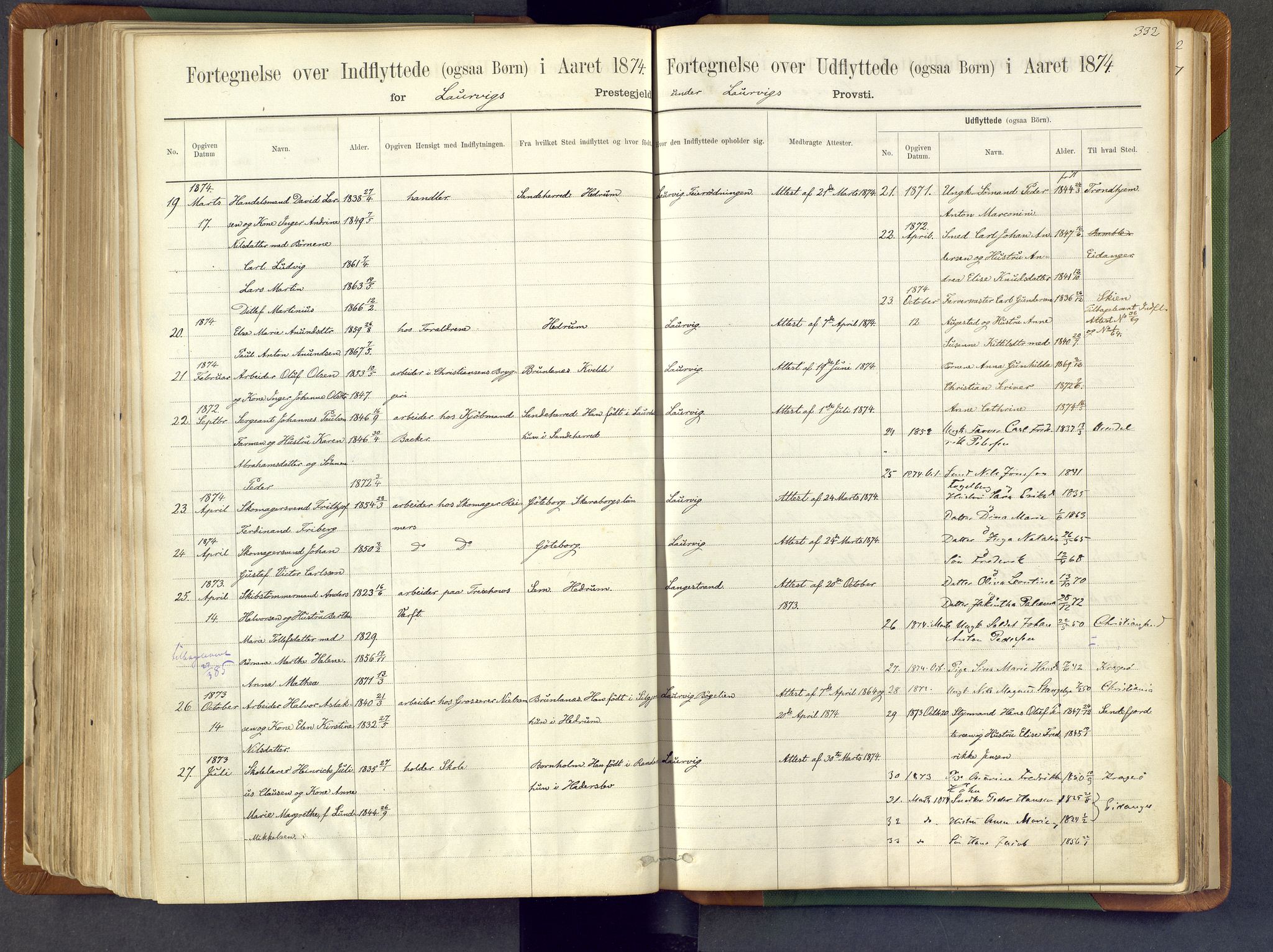 Larvik kirkebøker, AV/SAKO-A-352/F/Fa/L0007: Parish register (official) no. I 7, 1871-1883, p. 332