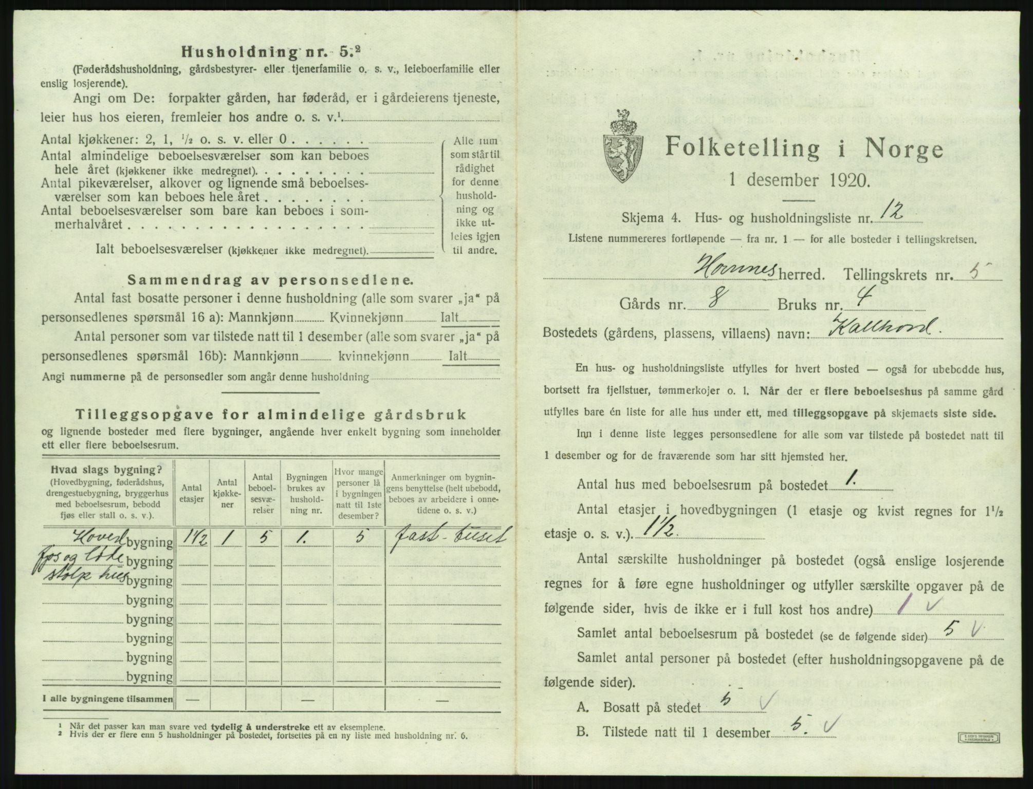 SAK, 1920 census for Hornnes, 1920, p. 225