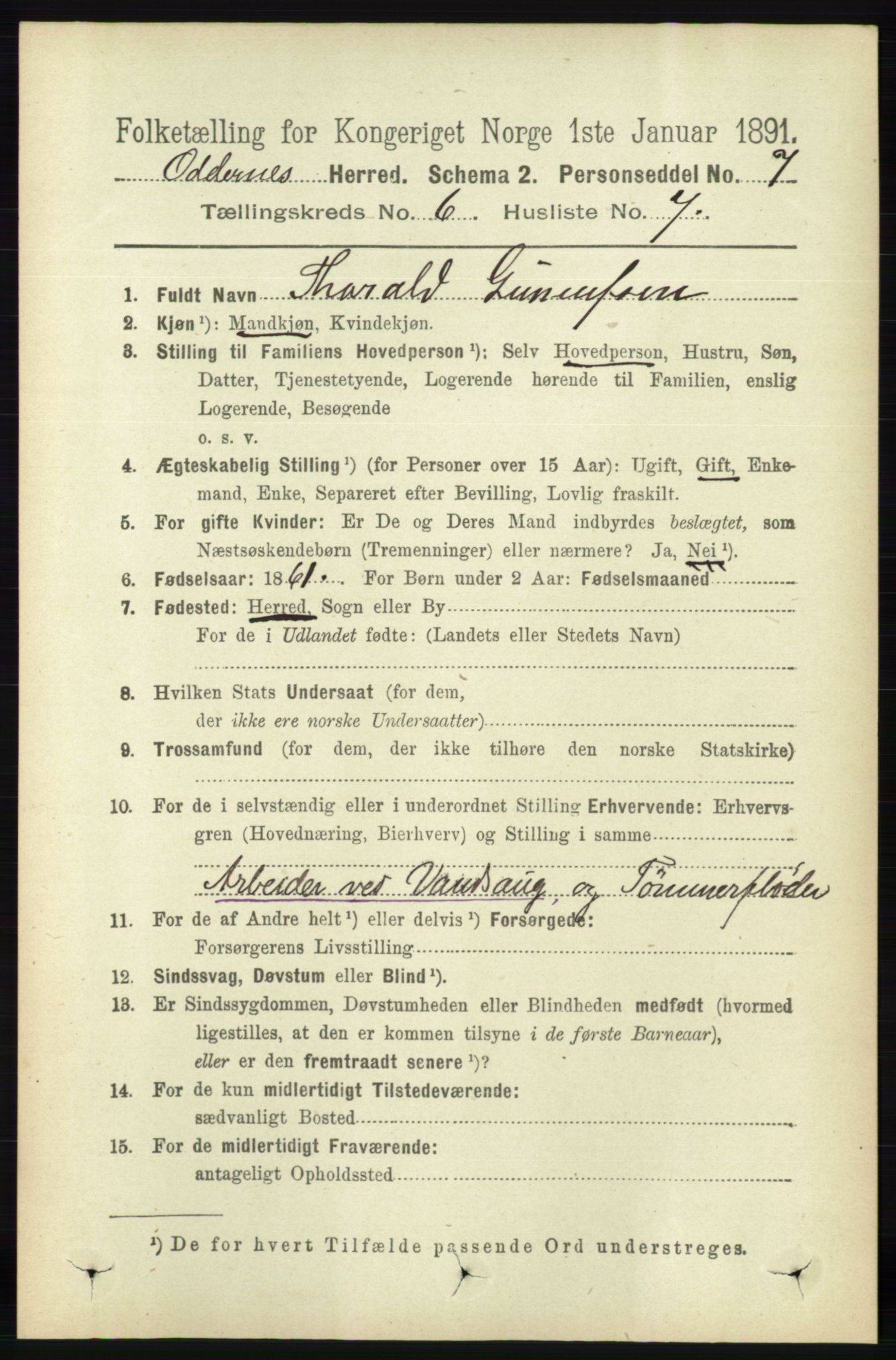 RA, 1891 census for 1012 Oddernes, 1891, p. 2232