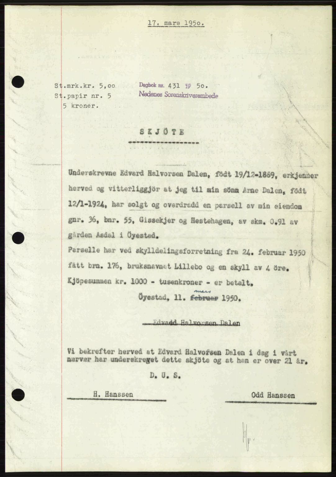 Nedenes sorenskriveri, SAK/1221-0006/G/Gb/Gba/L0062: Mortgage book no. A14, 1949-1950, Diary no: : 431/1950