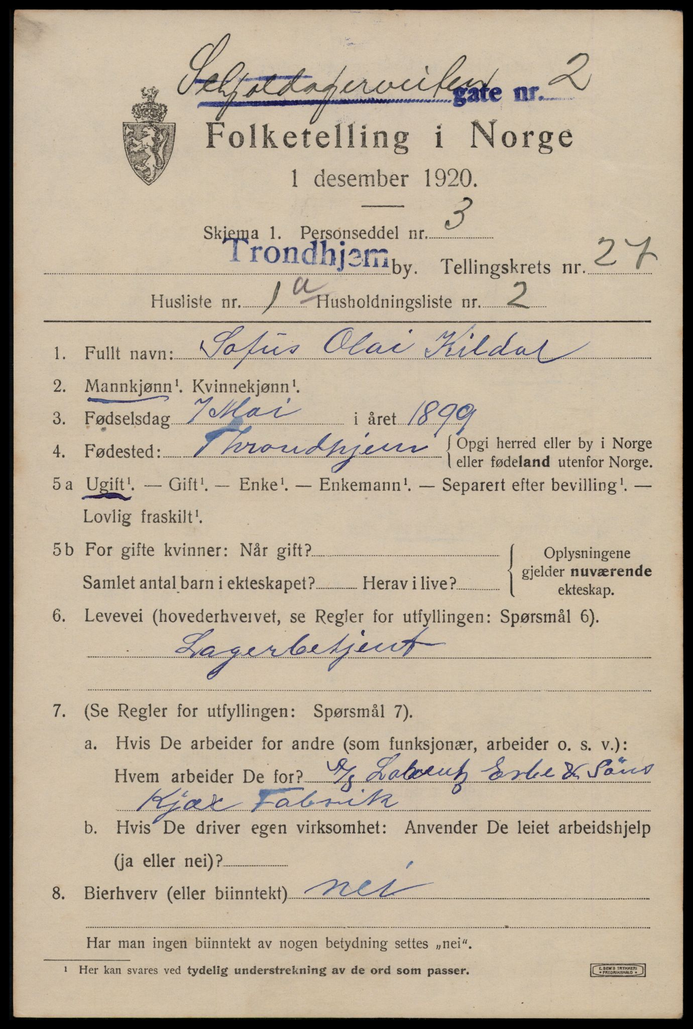 SAT, 1920 census for Trondheim, 1920, p. 69758