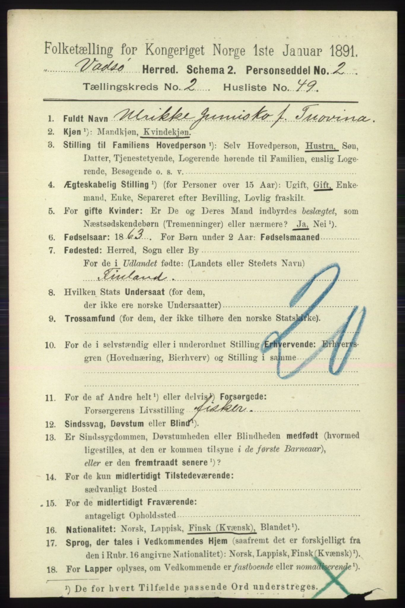 RA, 1891 census for 2029 Vadsø, 1891, p. 765