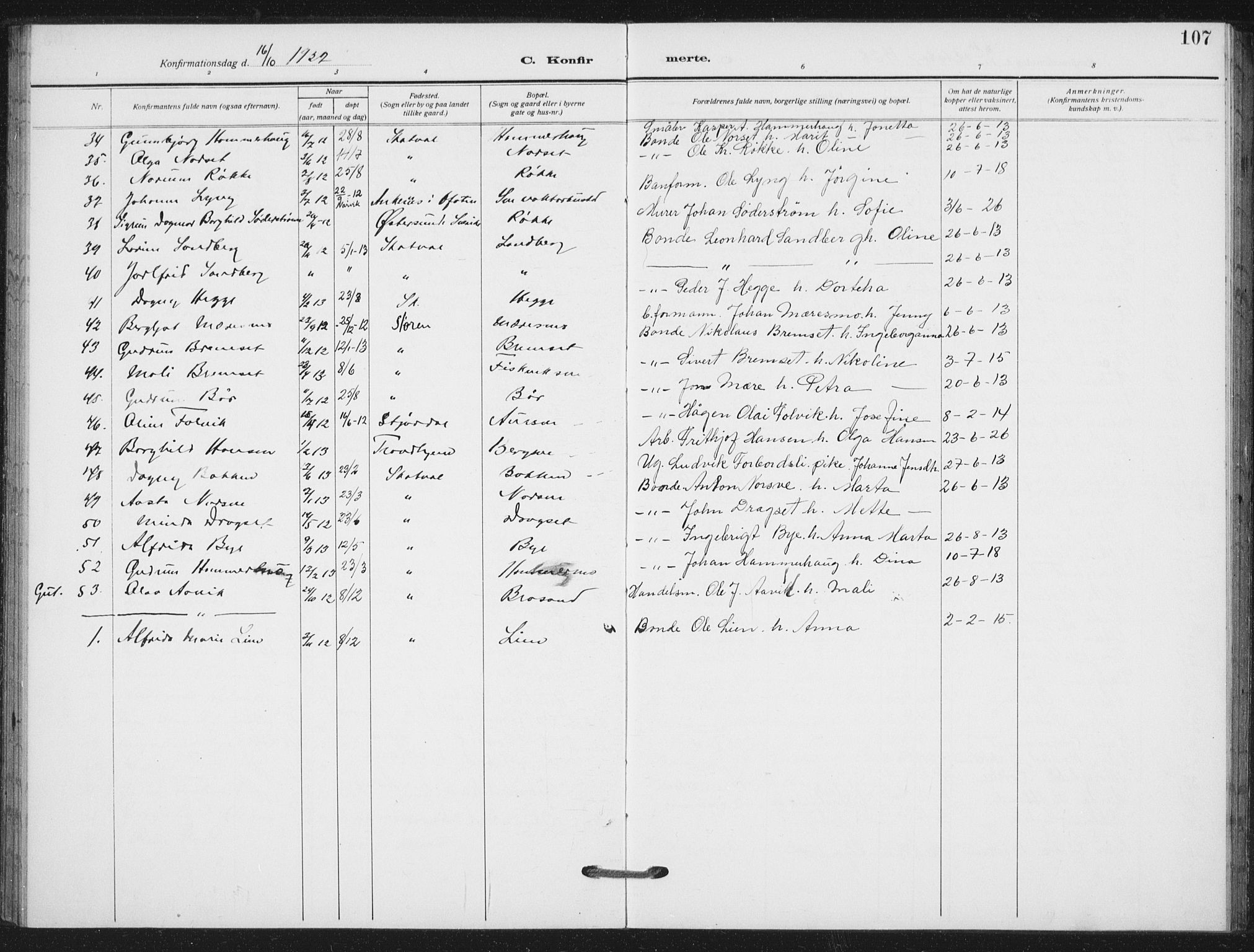 Ministerialprotokoller, klokkerbøker og fødselsregistre - Nord-Trøndelag, SAT/A-1458/712/L0102: Parish register (official) no. 712A03, 1916-1929, p. 107