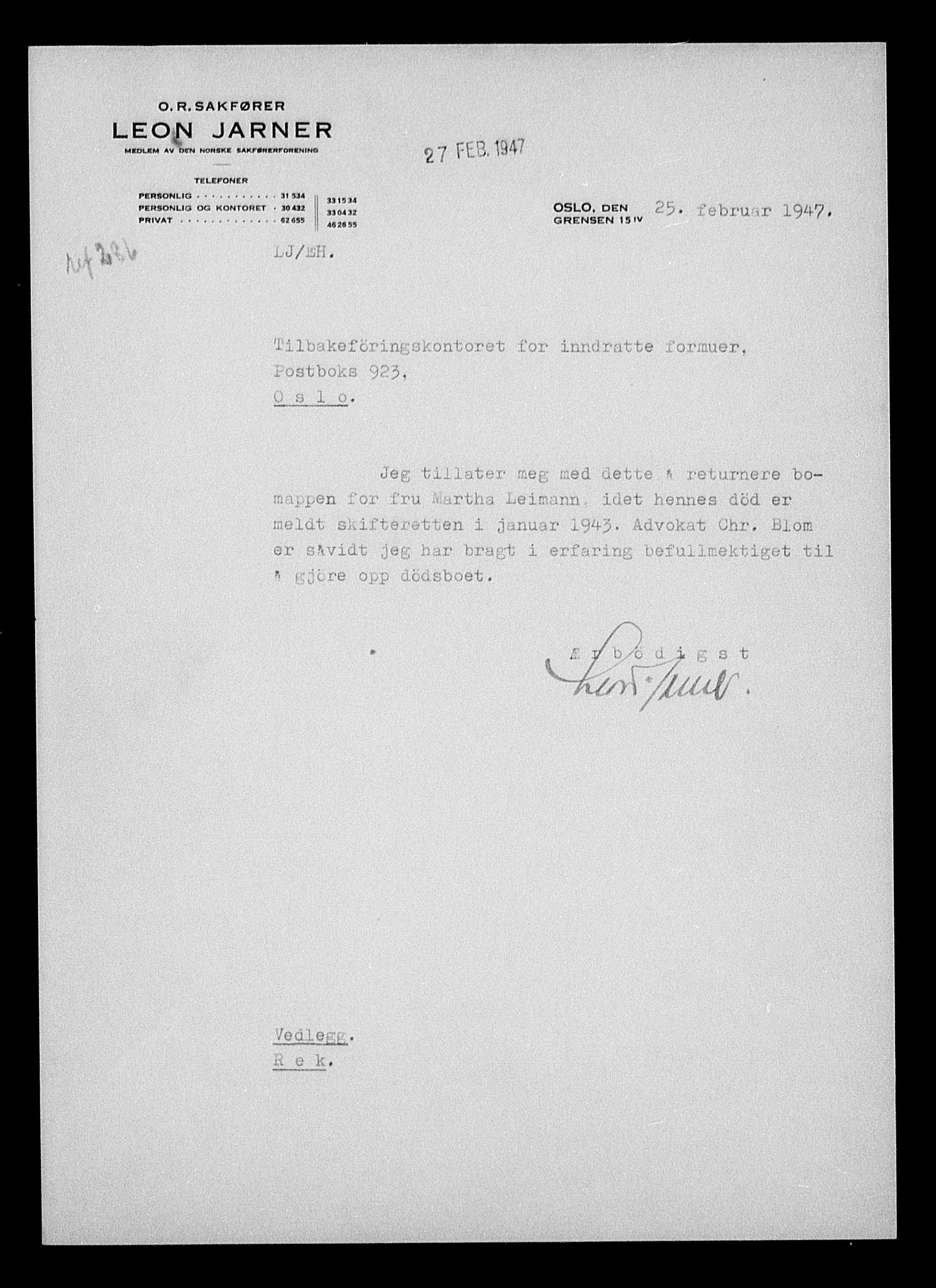 Justisdepartementet, Tilbakeføringskontoret for inndratte formuer, AV/RA-S-1564/H/Hc/Hcc/L0955: --, 1945-1947, p. 685