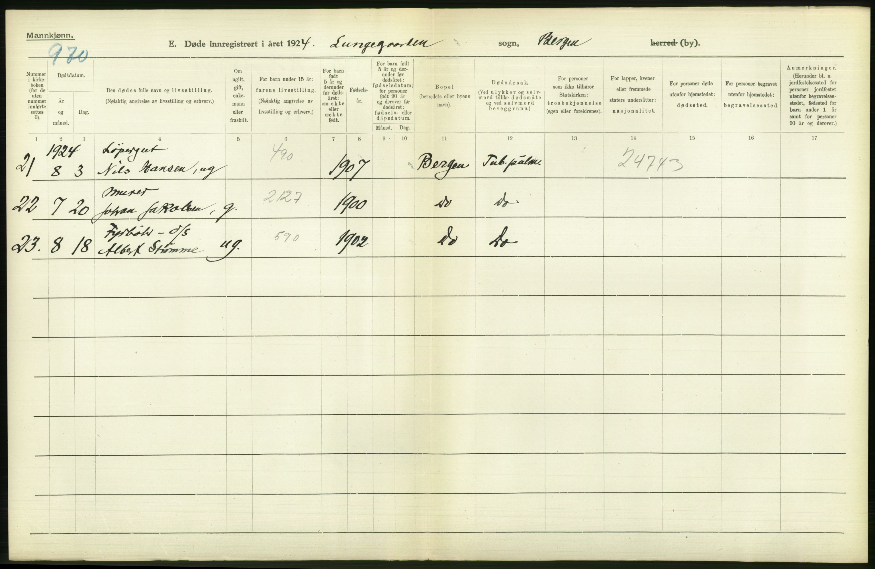 Statistisk sentralbyrå, Sosiodemografiske emner, Befolkning, AV/RA-S-2228/D/Df/Dfc/Dfcd/L0028: Bergen: Gifte, døde., 1924, p. 564