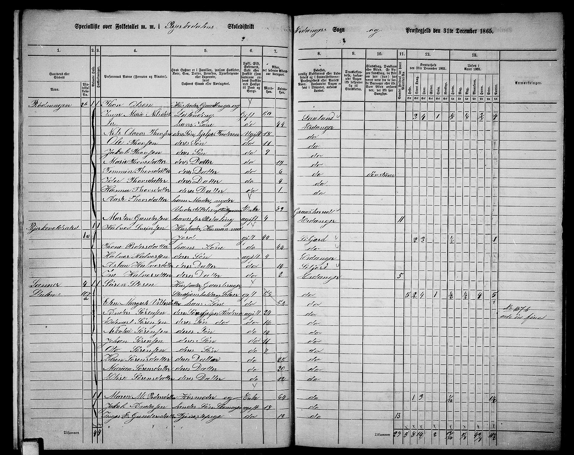 RA, 1865 census for Eidanger, 1865, p. 11