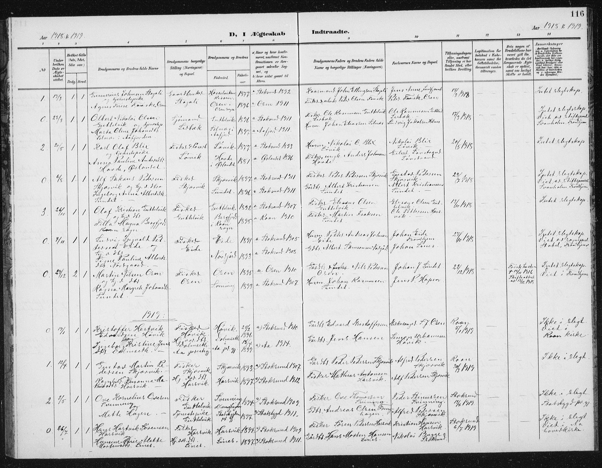 Ministerialprotokoller, klokkerbøker og fødselsregistre - Sør-Trøndelag, SAT/A-1456/656/L0699: Parish register (copy) no. 656C05, 1905-1920, p. 116