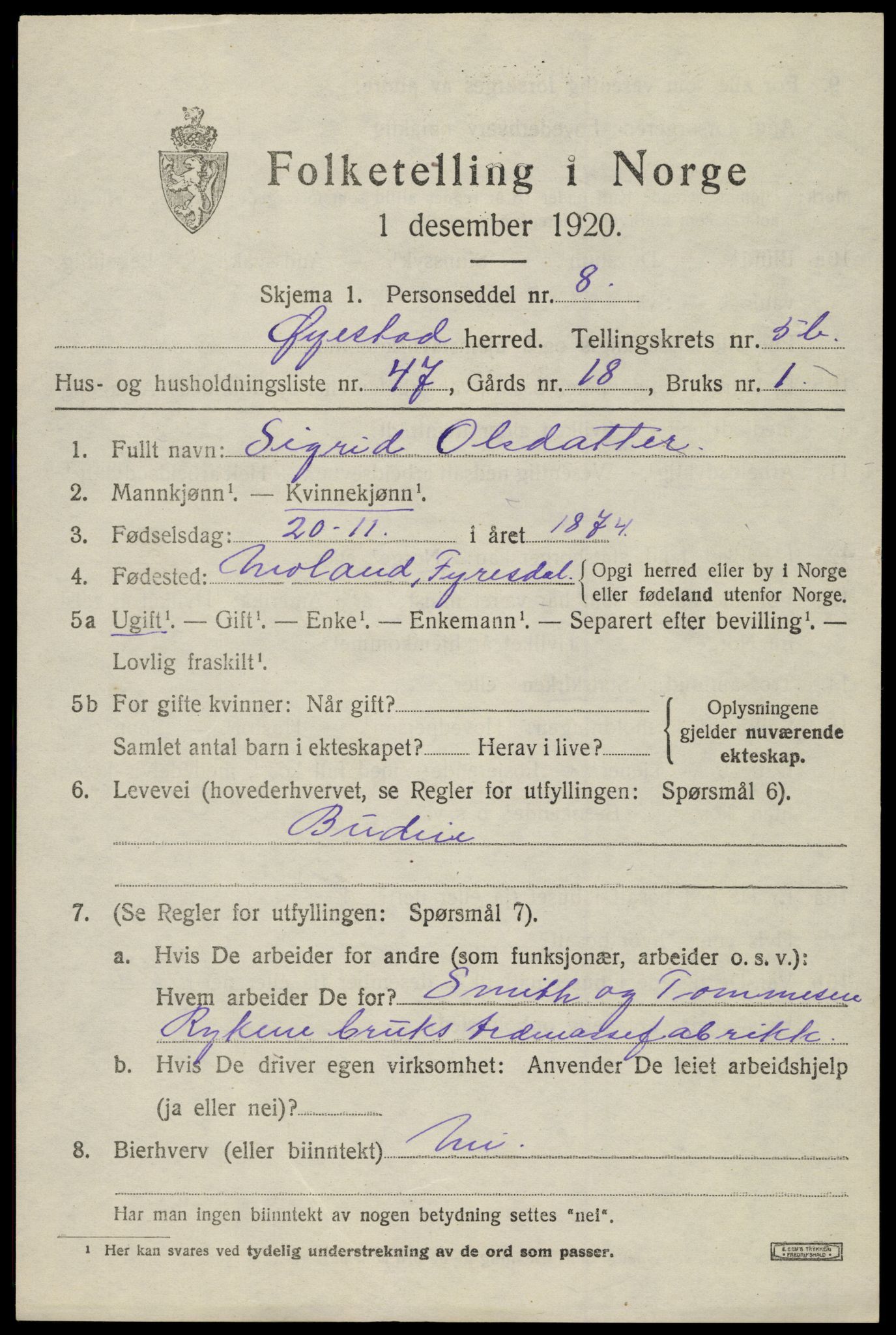 SAK, 1920 census for Øyestad, 1920, p. 4174