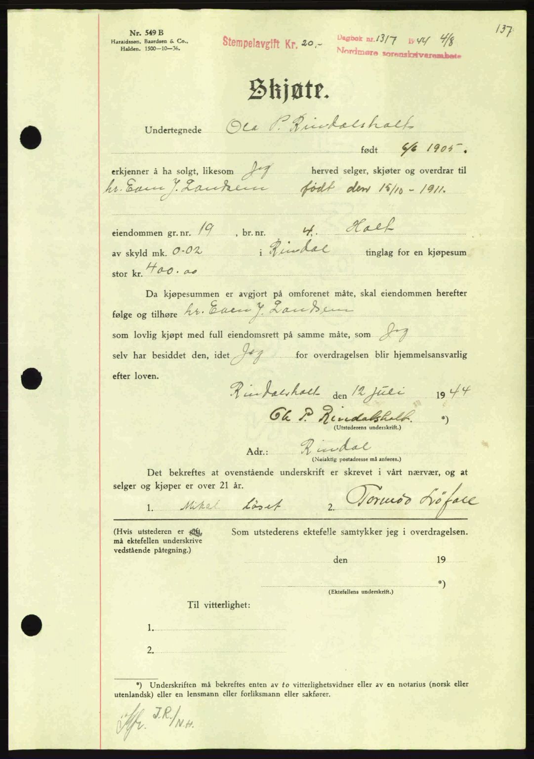 Nordmøre sorenskriveri, AV/SAT-A-4132/1/2/2Ca: Mortgage book no. A98, 1944-1944, Diary no: : 1317/1944