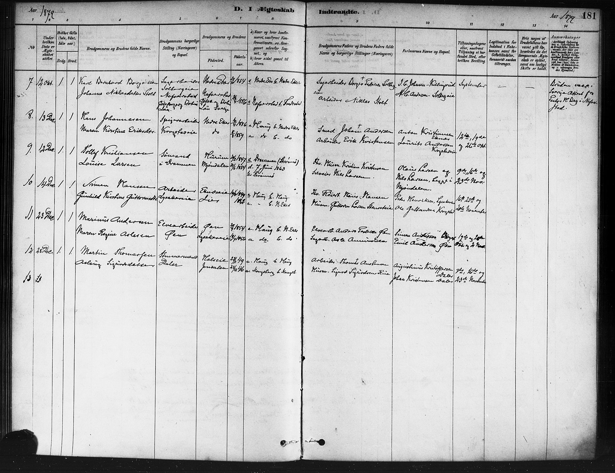 Nedre Eiker kirkebøker, SAKO/A-612/F/Fa/L0002: Parish register (official) no. 2, 1878-1885, p. 181
