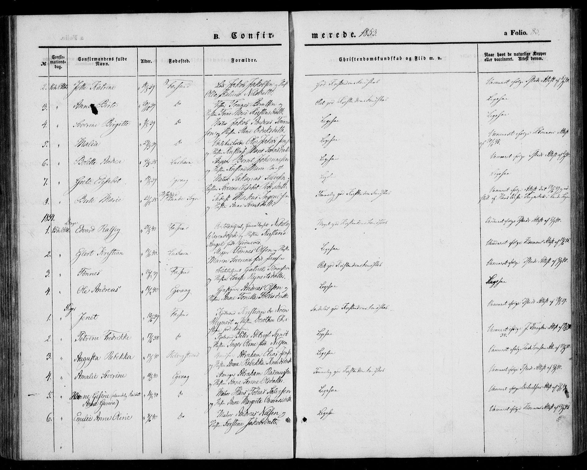 Farsund sokneprestkontor, AV/SAK-1111-0009/F/Fa/L0004: Parish register (official) no. A 4, 1847-1863, p. 85