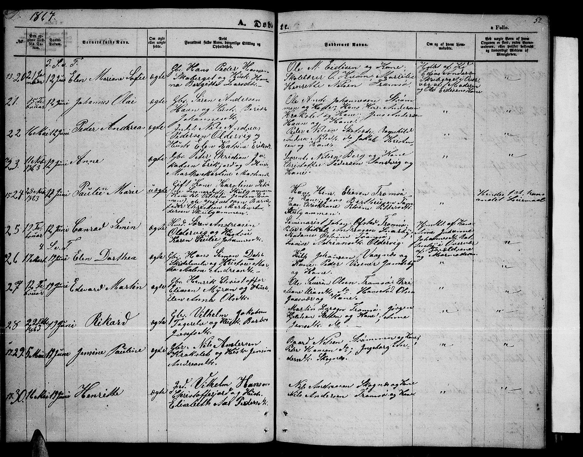 Tromsøysund sokneprestkontor, SATØ/S-1304/G/Gb/L0001klokker: Parish register (copy) no. 1, 1857-1869, p. 52