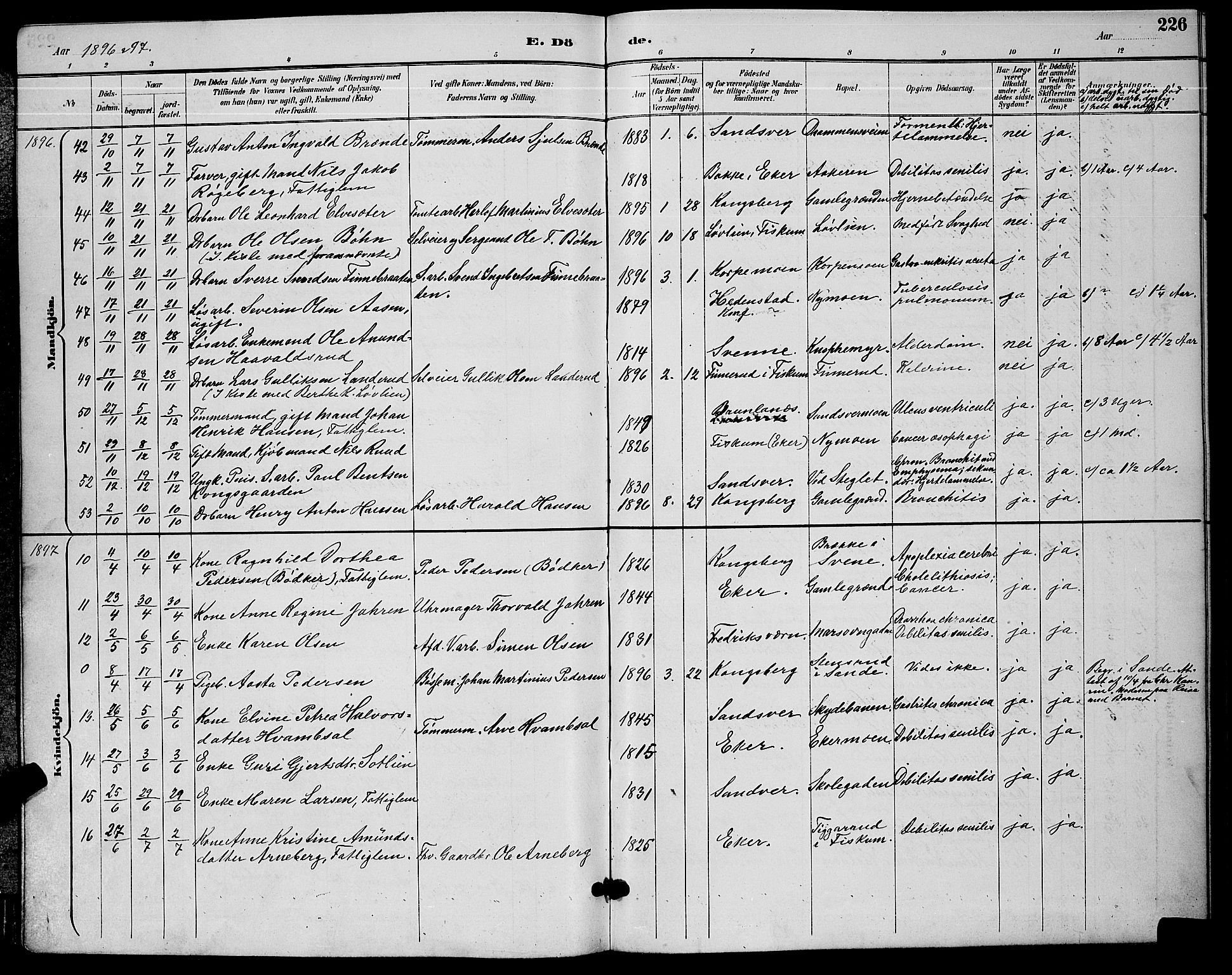 Kongsberg kirkebøker, AV/SAKO-A-22/G/Ga/L0006: Parish register (copy) no. 6, 1890-1901, p. 226