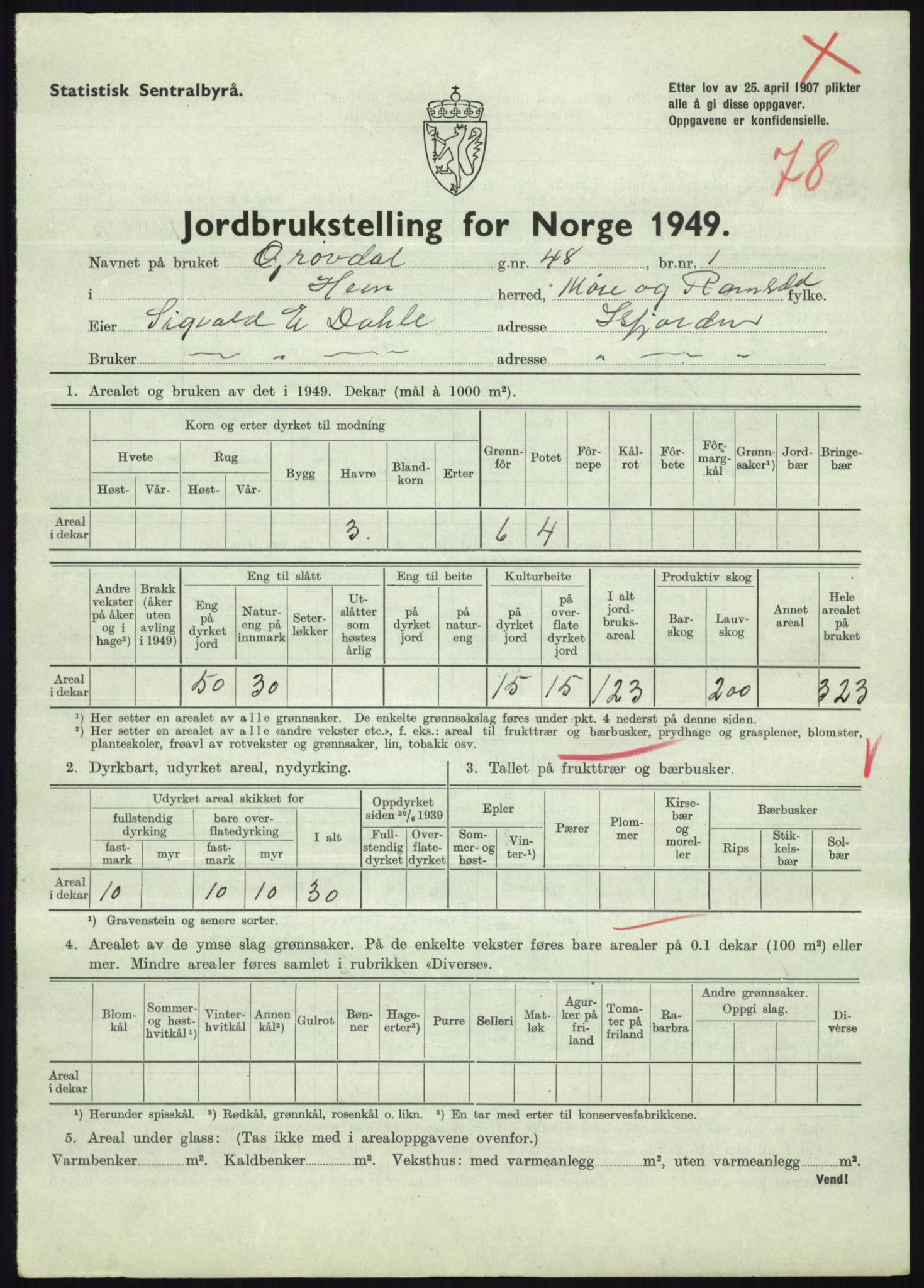 Statistisk sentralbyrå, Næringsøkonomiske emner, Jordbruk, skogbruk, jakt, fiske og fangst, AV/RA-S-2234/G/Gc/L0323: Møre og Romsdal: Grytten og Hen, 1949, p. 851