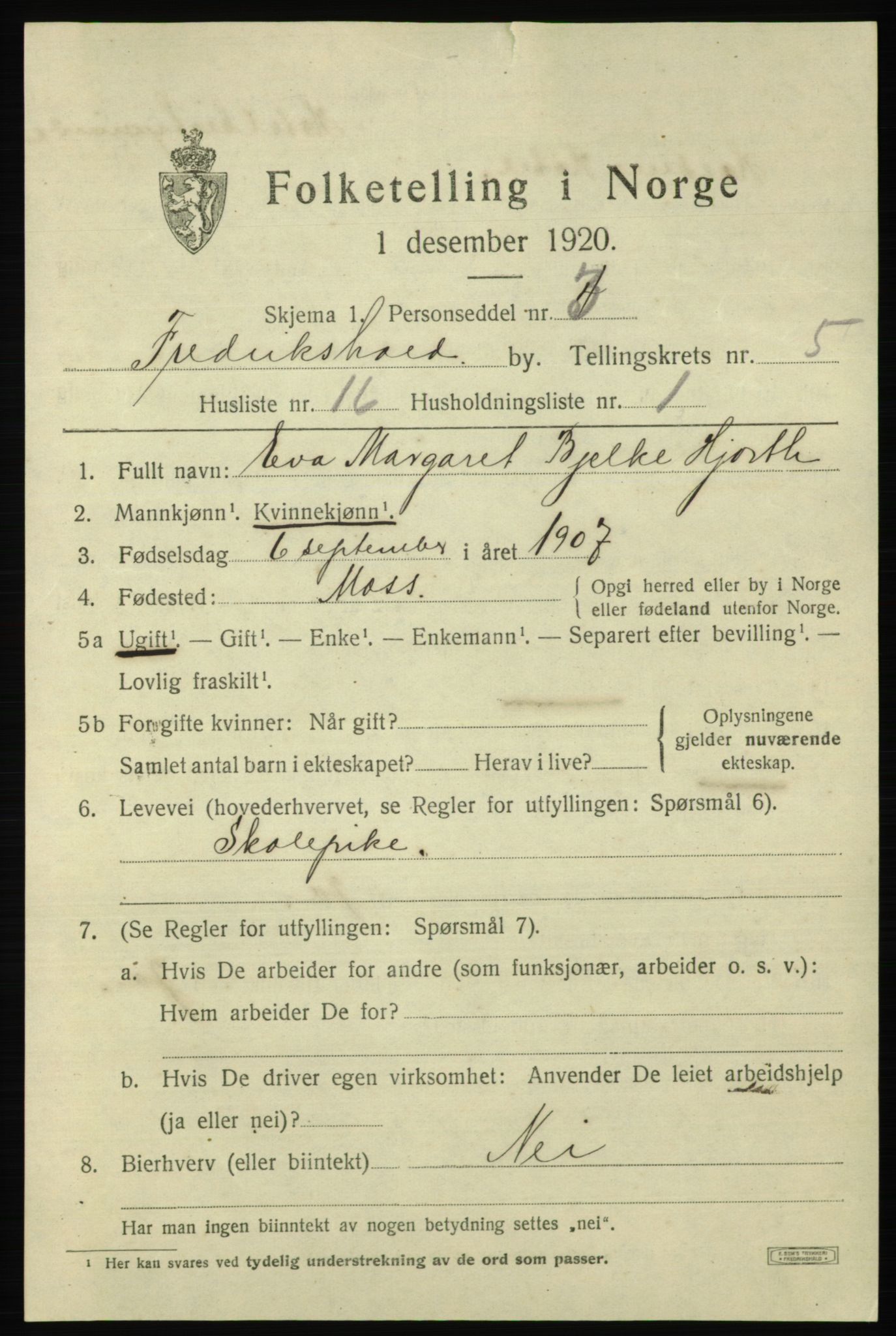 SAO, 1920 census for Fredrikshald, 1920, p. 12325