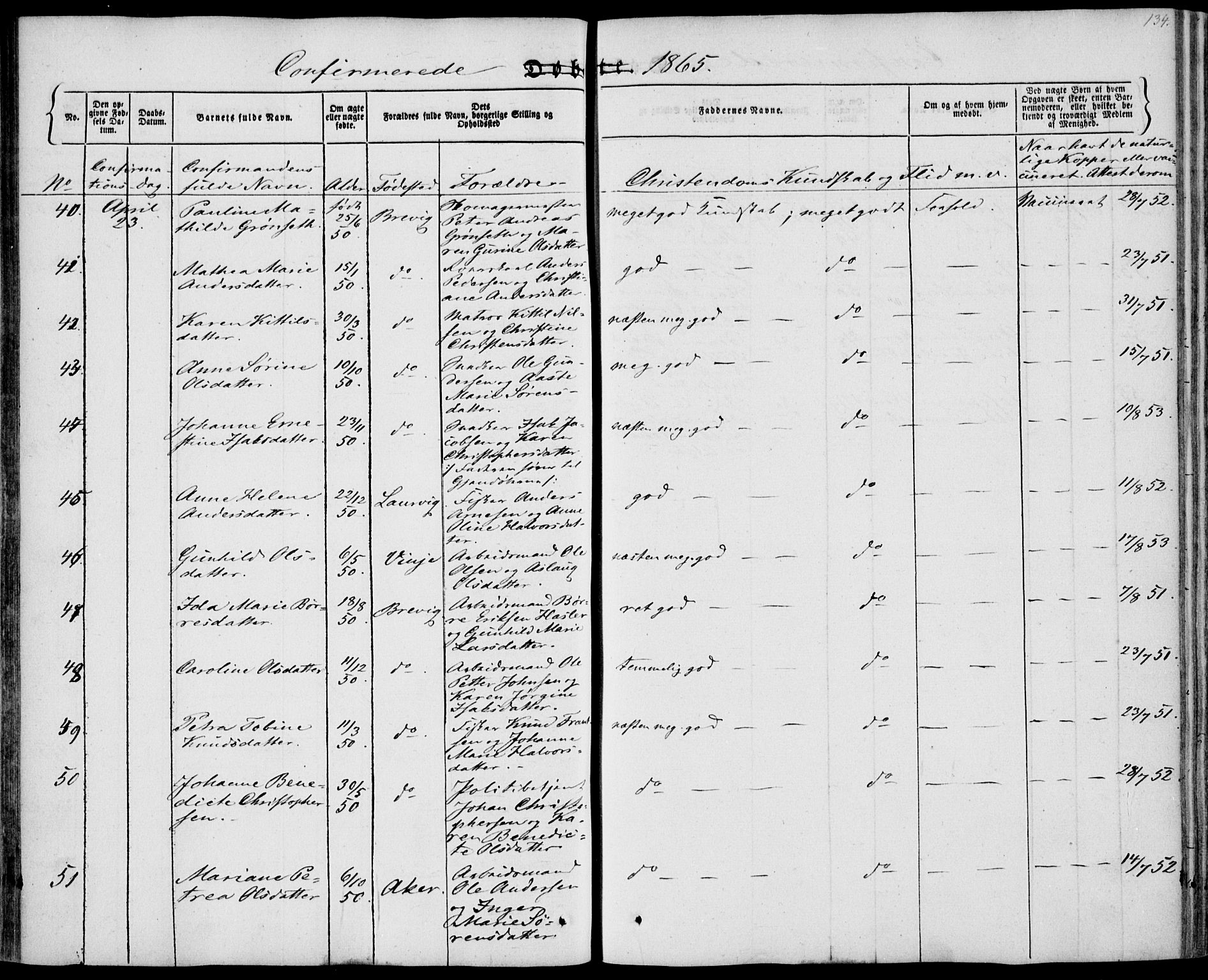 Brevik kirkebøker, AV/SAKO-A-255/F/Fa/L0005: Parish register (official) no. 5, 1847-1865, p. 134