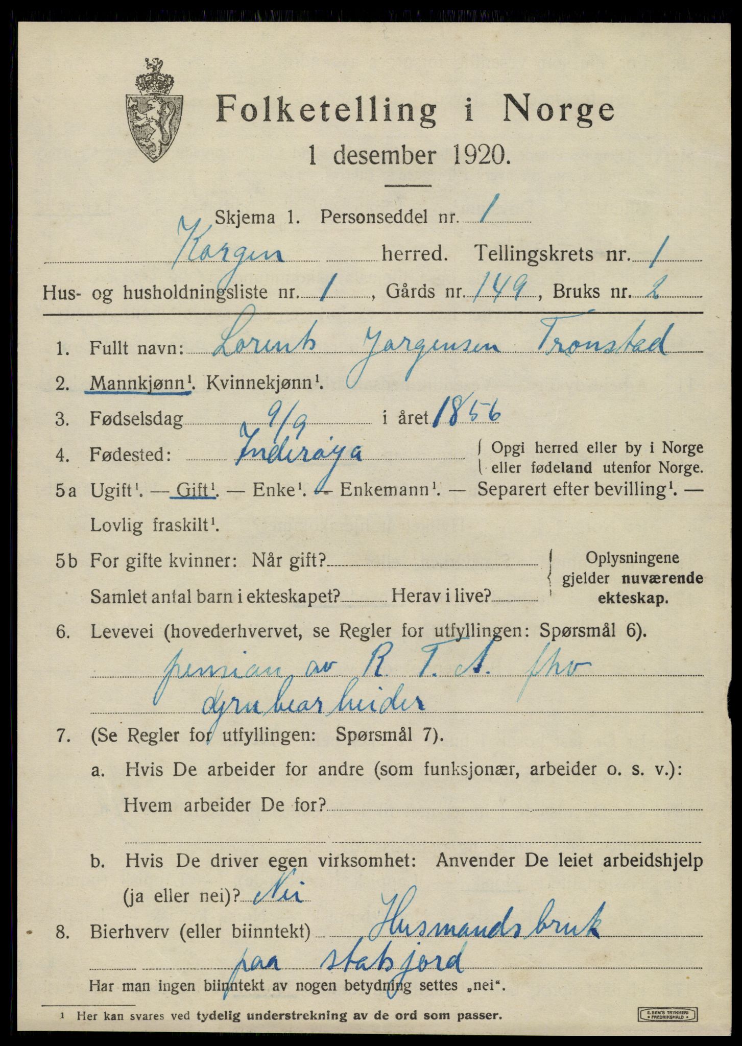 SAT, 1920 census for Korgen, 1920, p. 488