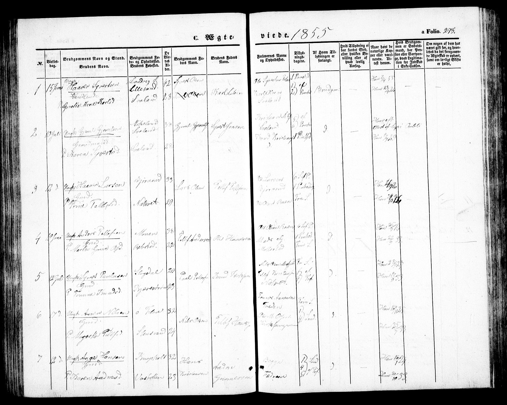 Birkenes sokneprestkontor, AV/SAK-1111-0004/F/Fb/L0002: Parish register (copy) no. B 2, 1849-1876, p. 278