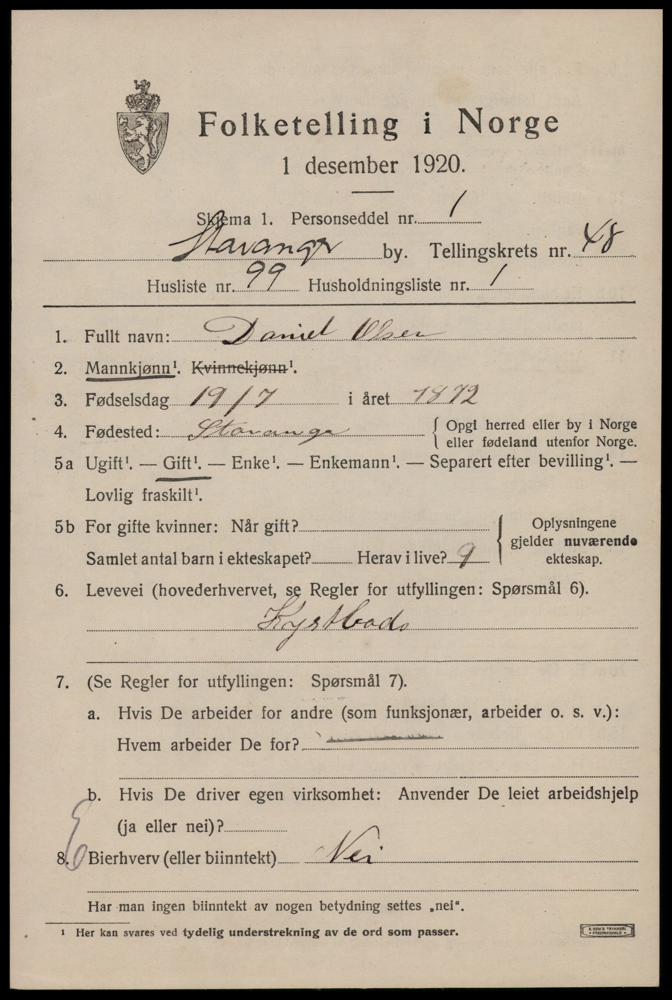 SAST, 1920 census for Stavanger, 1920, p. 117880