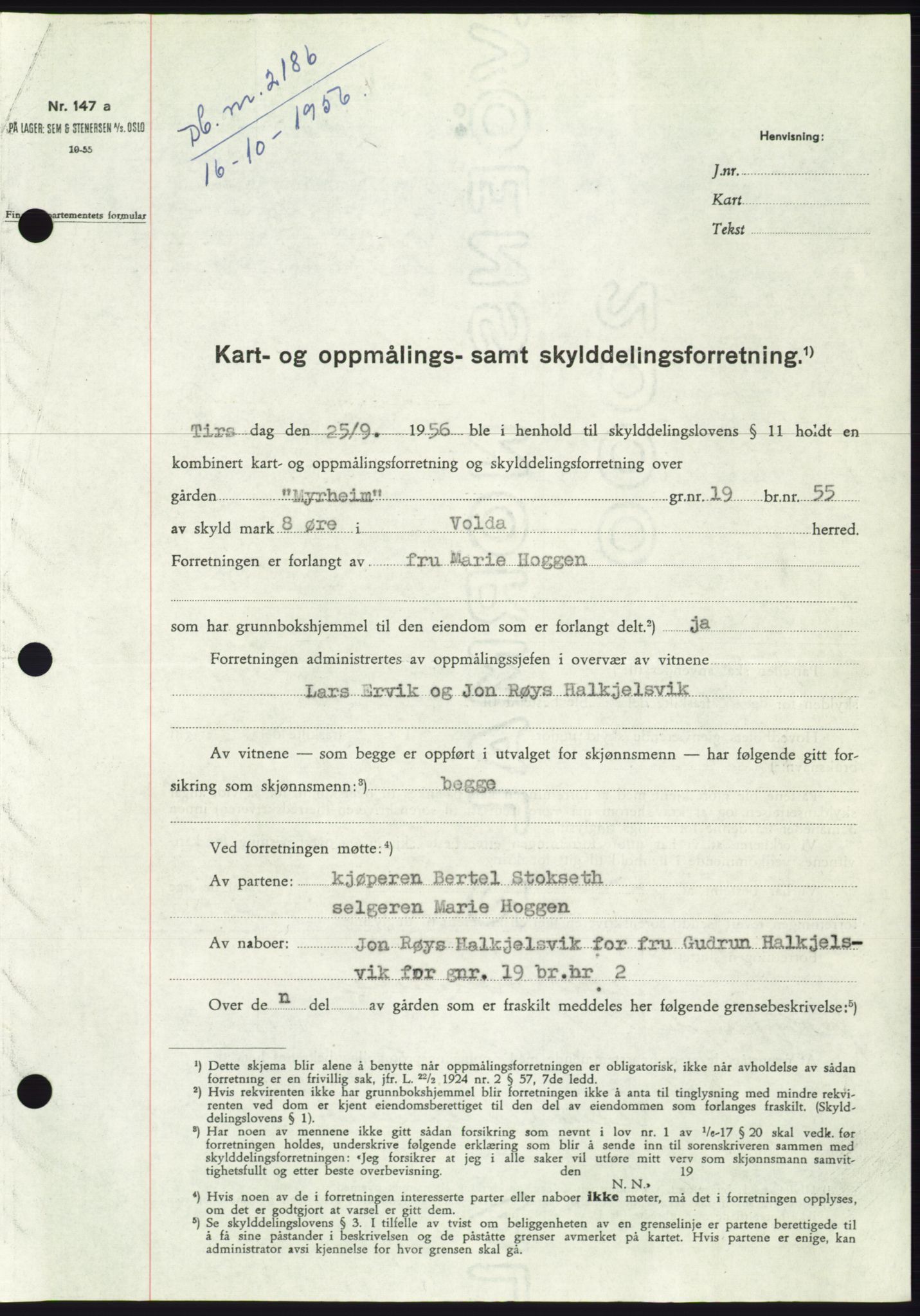 Søre Sunnmøre sorenskriveri, AV/SAT-A-4122/1/2/2C/L0104: Mortgage book no. 30A, 1956-1956, Diary no: : 2186/1956