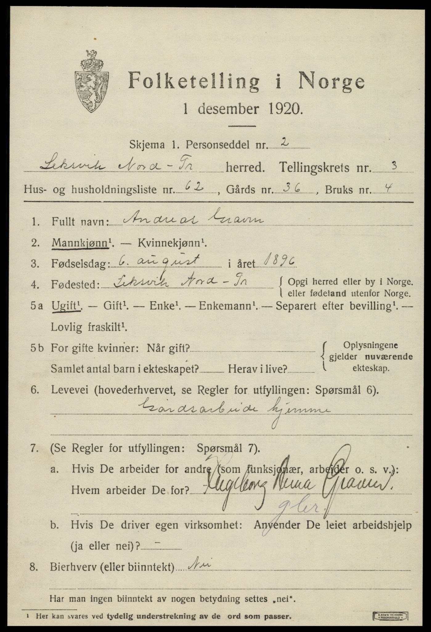 SAT, 1920 census for Leksvik, 1920, p. 3502