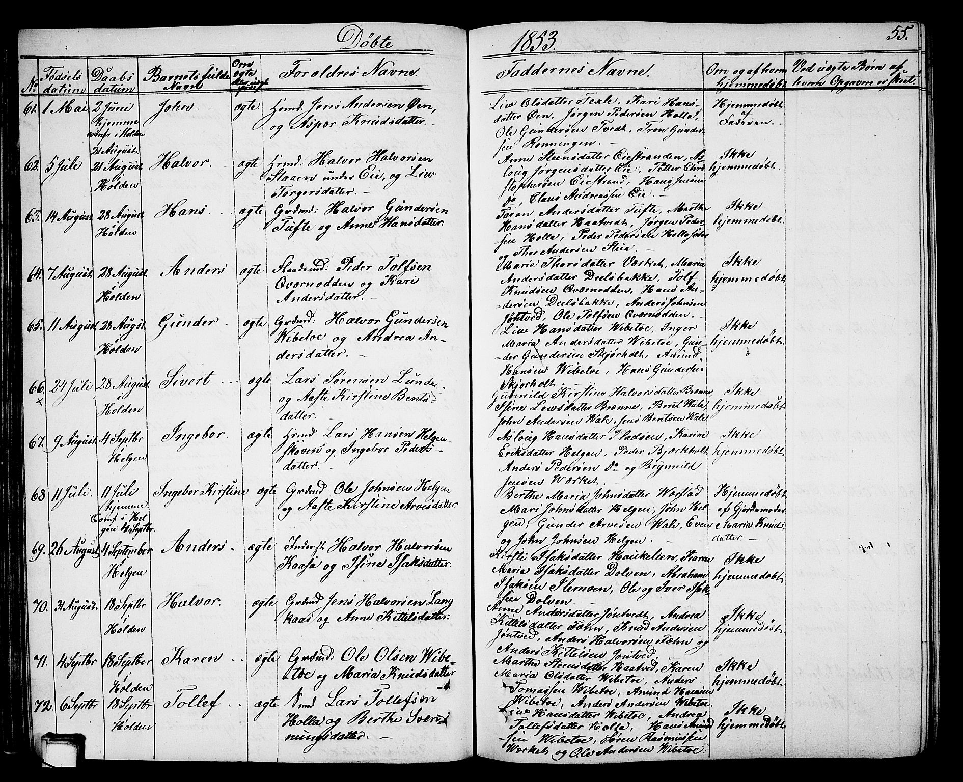 Holla kirkebøker, AV/SAKO-A-272/G/Ga/L0003: Parish register (copy) no. I 3, 1849-1866, p. 55