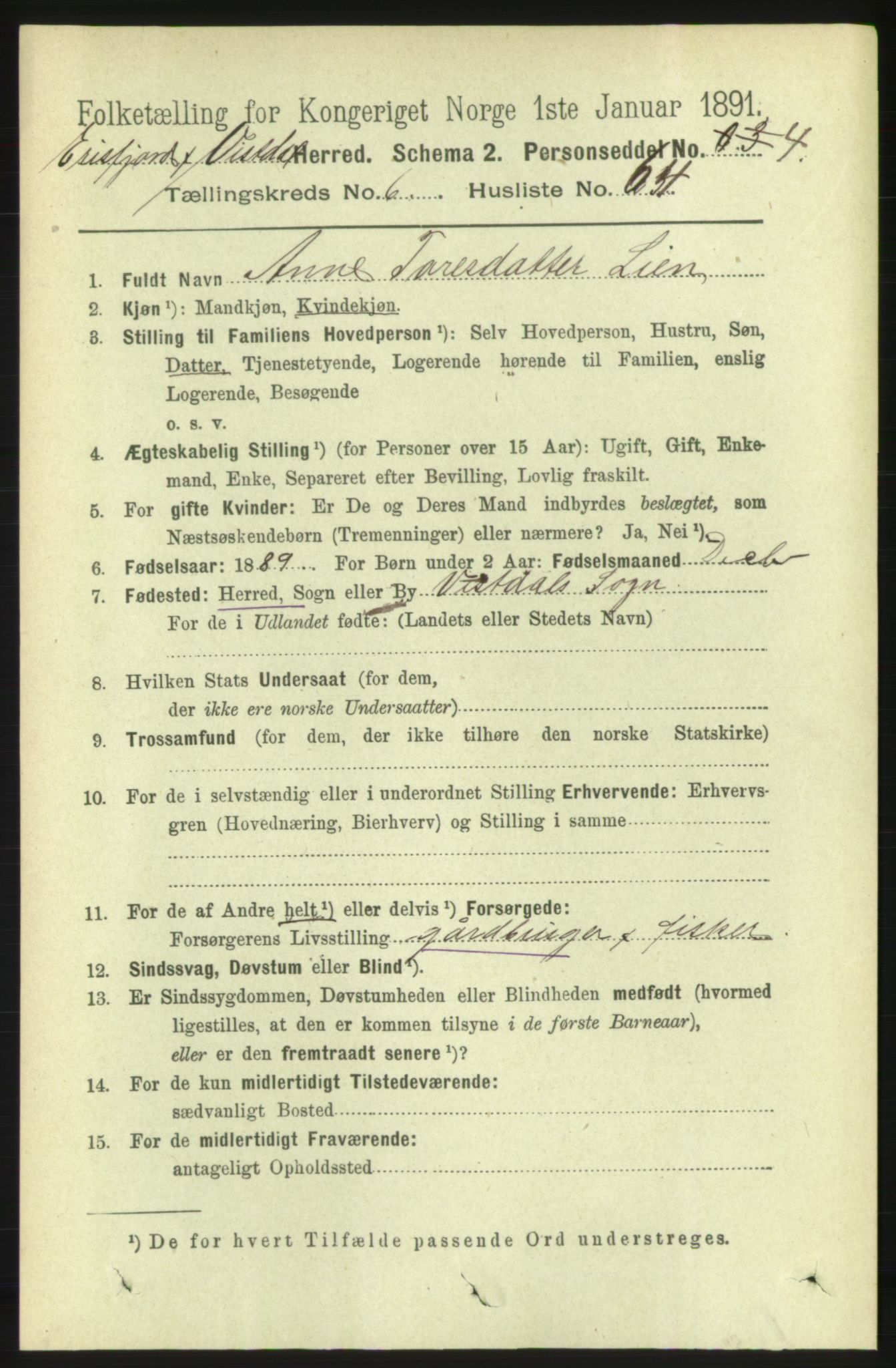 RA, 1891 census for 1542 Eresfjord og Vistdal, 1891, p. 1903