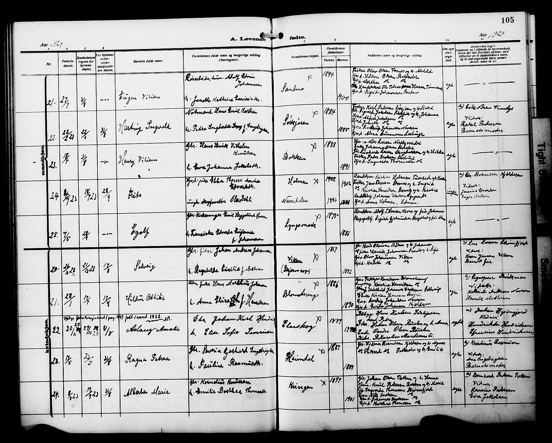 Skjervøy sokneprestkontor, AV/SATØ-S-1300/H/Ha/Hab/L0022klokker: Parish register (copy) no. 22, 1910-1926, p. 105