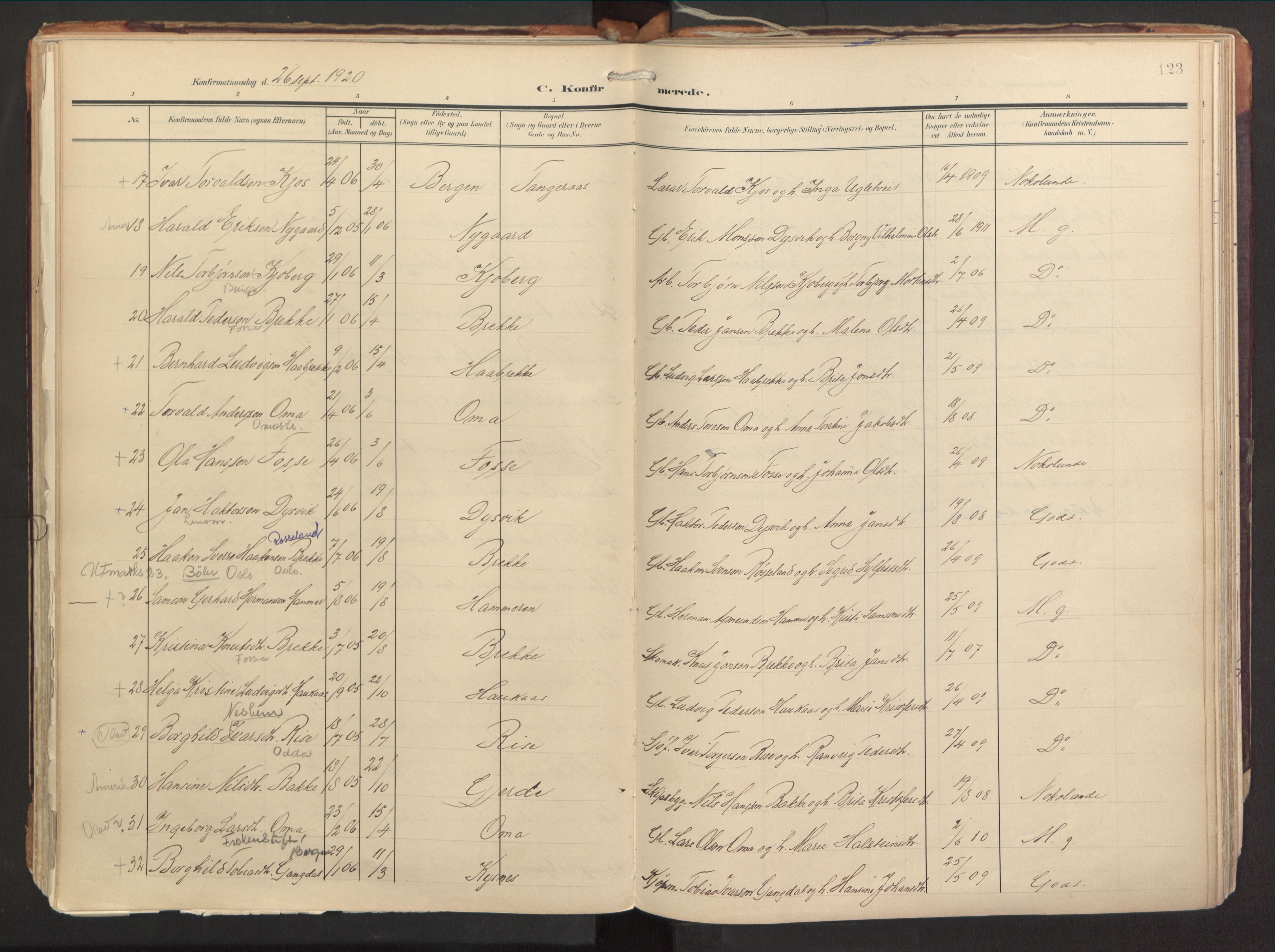 Strandebarm sokneprestembete, AV/SAB-A-78401/H/Haa: Parish register (official) no. B 2, 1909-1941, p. 123