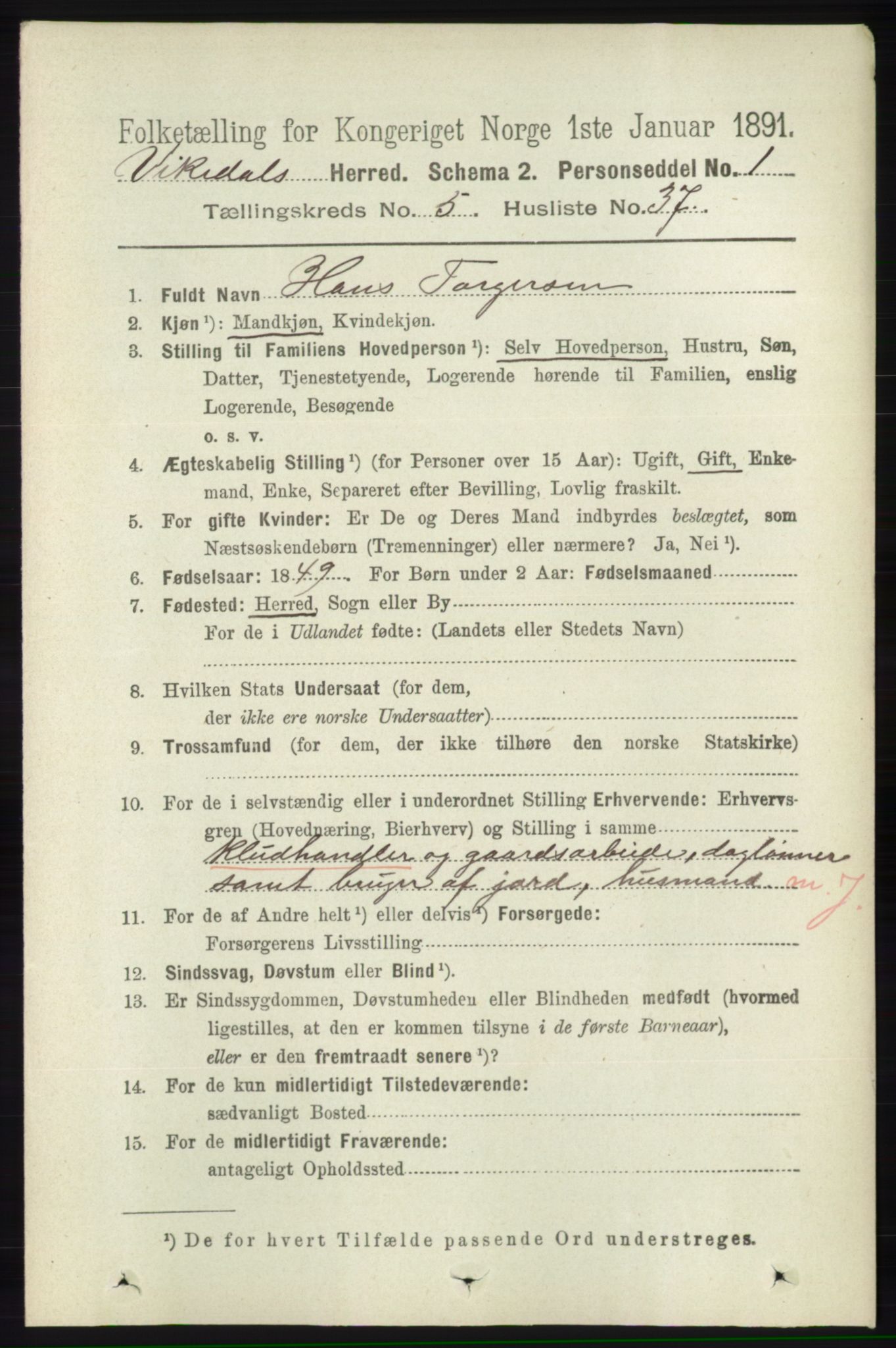 RA, 1891 census for 1157 Vikedal, 1891, p. 1352