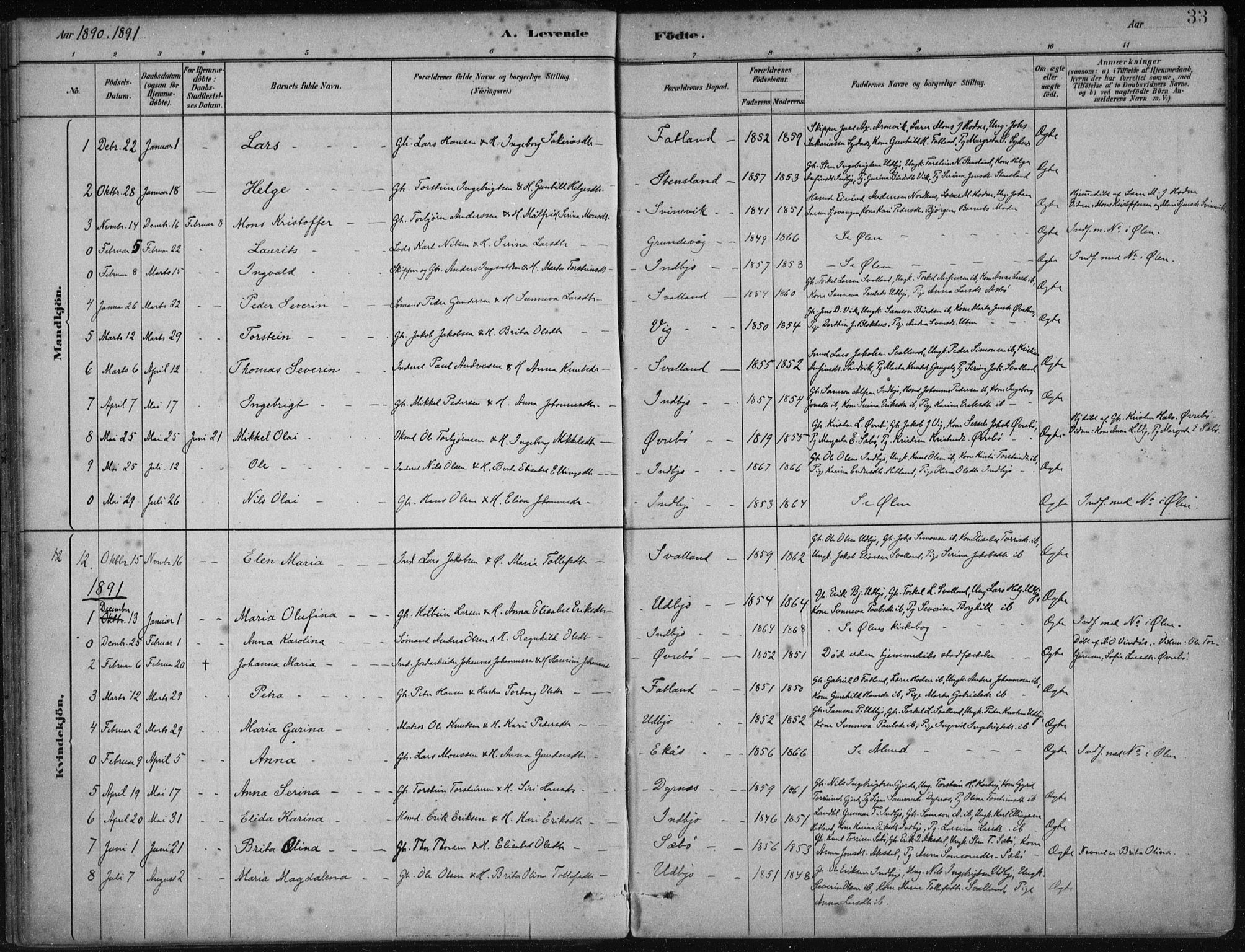Fjelberg sokneprestembete, SAB/A-75201/H/Haa: Parish register (official) no. B  1, 1879-1919, p. 33