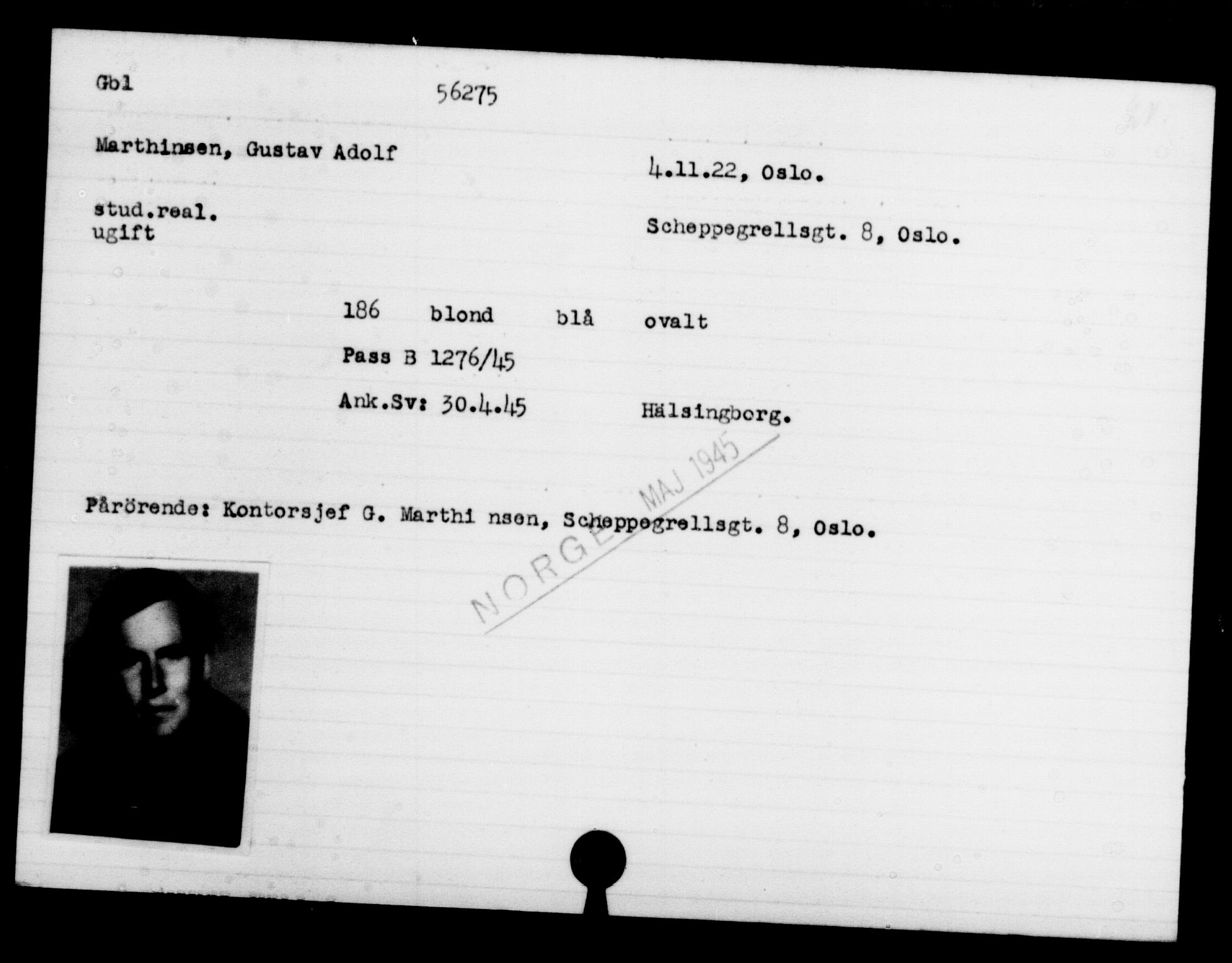 Utenriksstasjonene, Legasjonen i Stockholm, Flyktningkontoret, AV/RA-S-6753/V/Va/L0020: Kjesäterkartoteket, flyktninger med registreringsnr. 55000-58245, 1940-1945, p. 1274