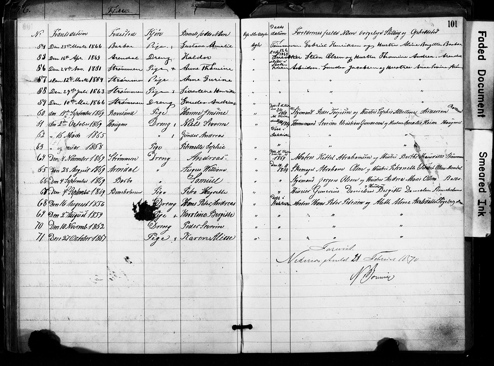 Metodistmenigheten, Arendal, AV/SAK-1292-0011/F/Fa/L0001: Dissenter register no. F-2, 1867-1879, p. 101