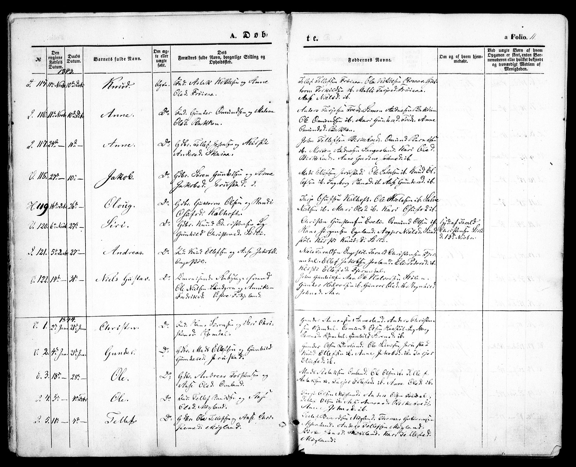 Evje sokneprestkontor, SAK/1111-0008/F/Fa/Faa/L0005: Parish register (official) no. A 5, 1843-1865, p. 11