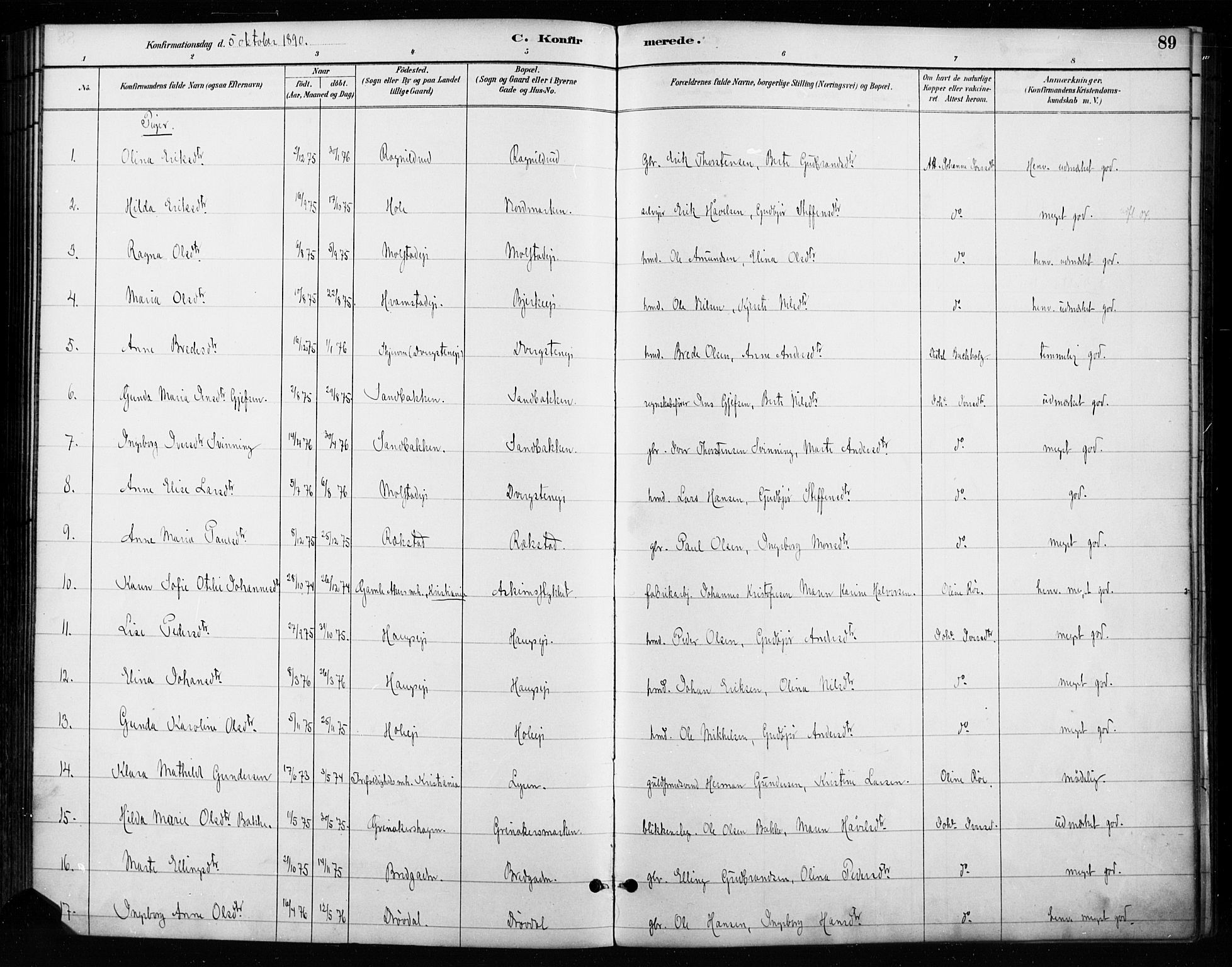 Gran prestekontor, SAH/PREST-112/H/Ha/Haa/L0018: Parish register (official) no. 18, 1889-1899, p. 89