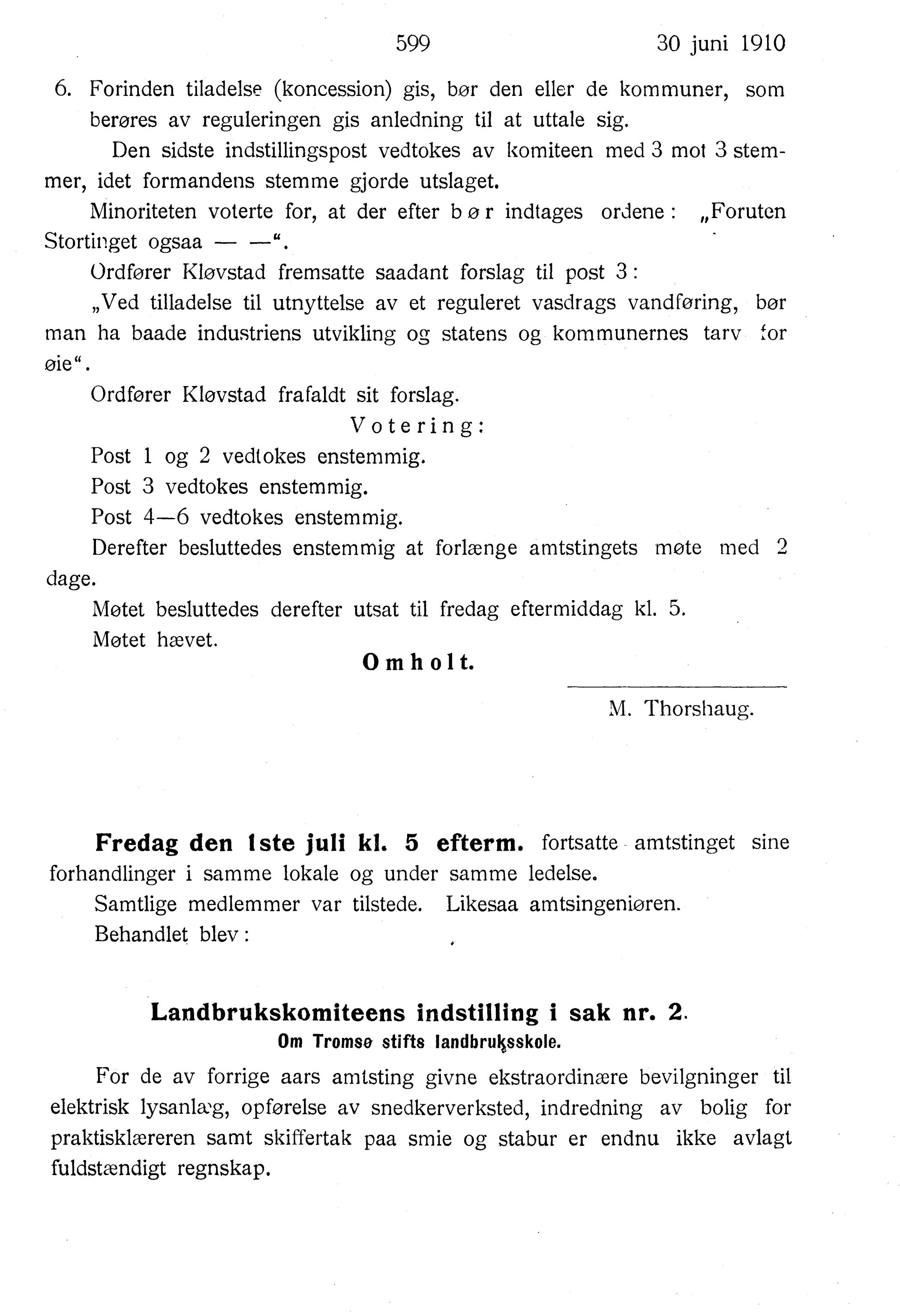 Nordland Fylkeskommune. Fylkestinget, AIN/NFK-17/176/A/Ac/L0033: Fylkestingsforhandlinger 1910, 1910, p. 599