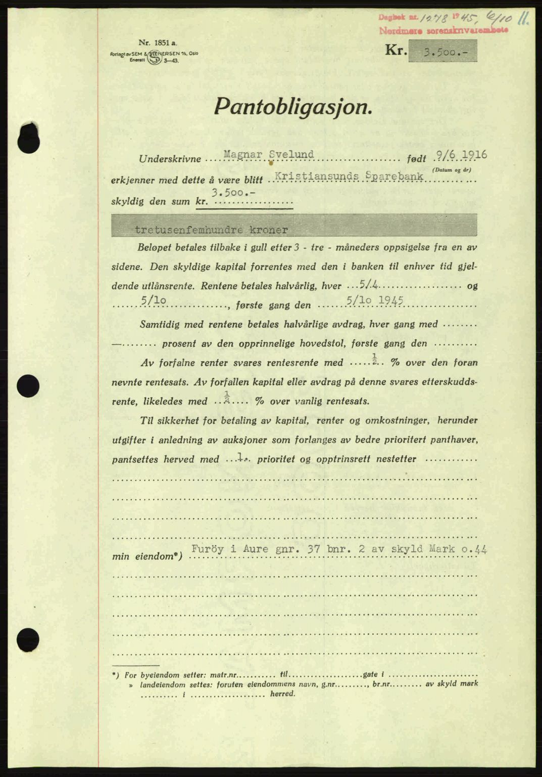 Nordmøre sorenskriveri, AV/SAT-A-4132/1/2/2Ca: Mortgage book no. B93a, 1945-1945, Diary no: : 1278/1945