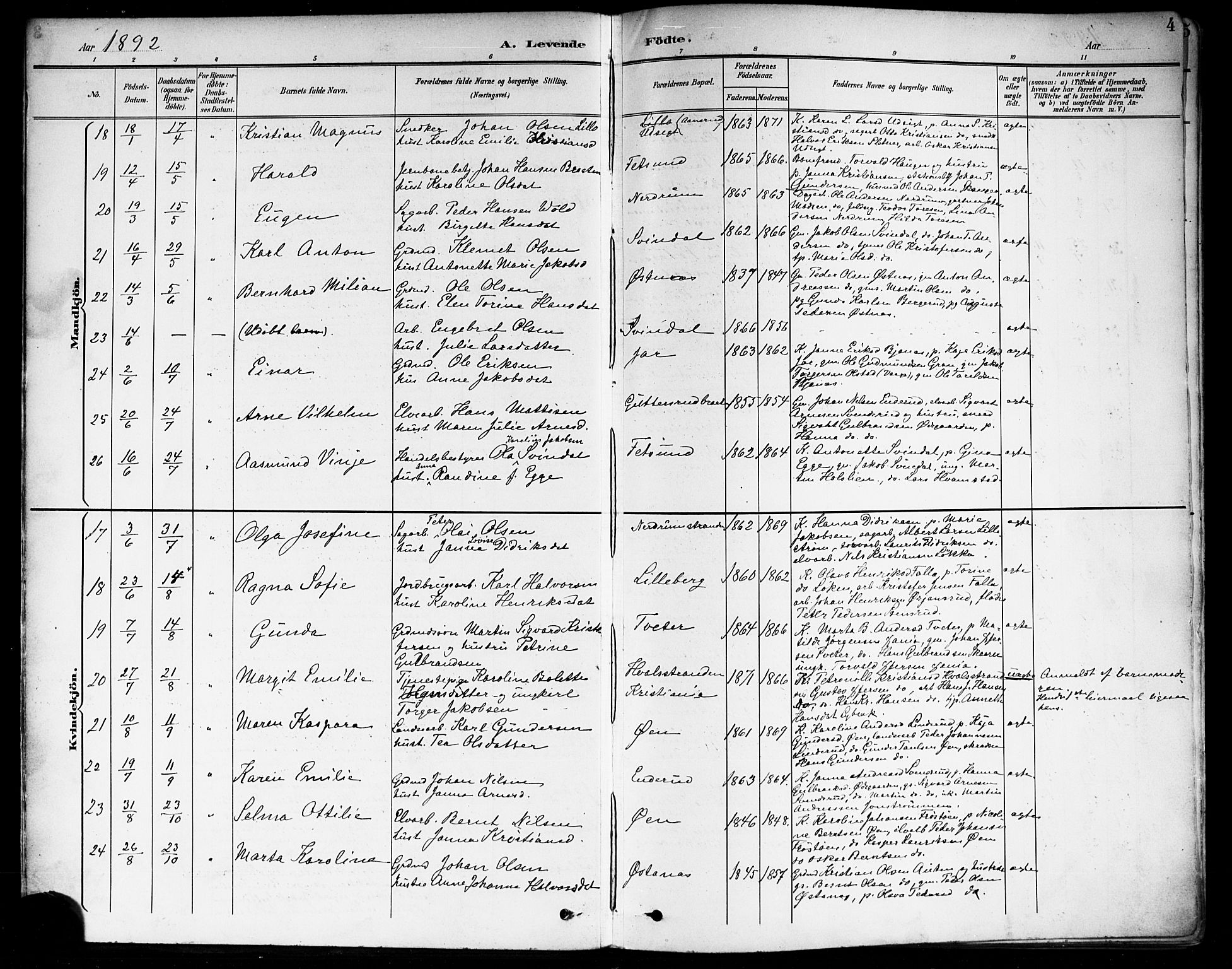 Fet prestekontor Kirkebøker, AV/SAO-A-10370a/F/Fa/L0015: Parish register (official) no. I 15, 1892-1904, p. 4