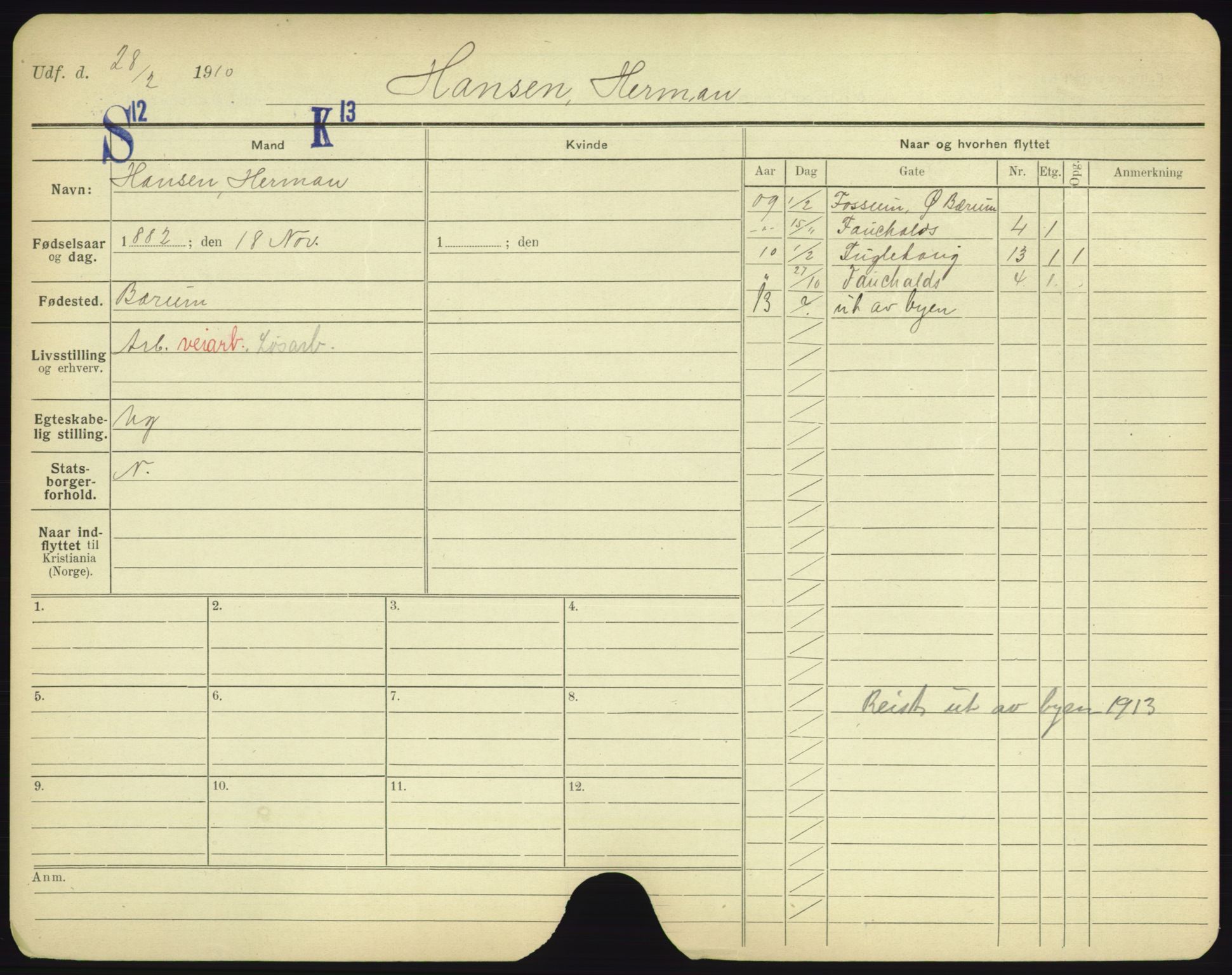 Oslo folkeregister, Registerkort, AV/SAO-A-11715/F/Fa/Fac/L0004: Menn, 1906-1914, p. 116a