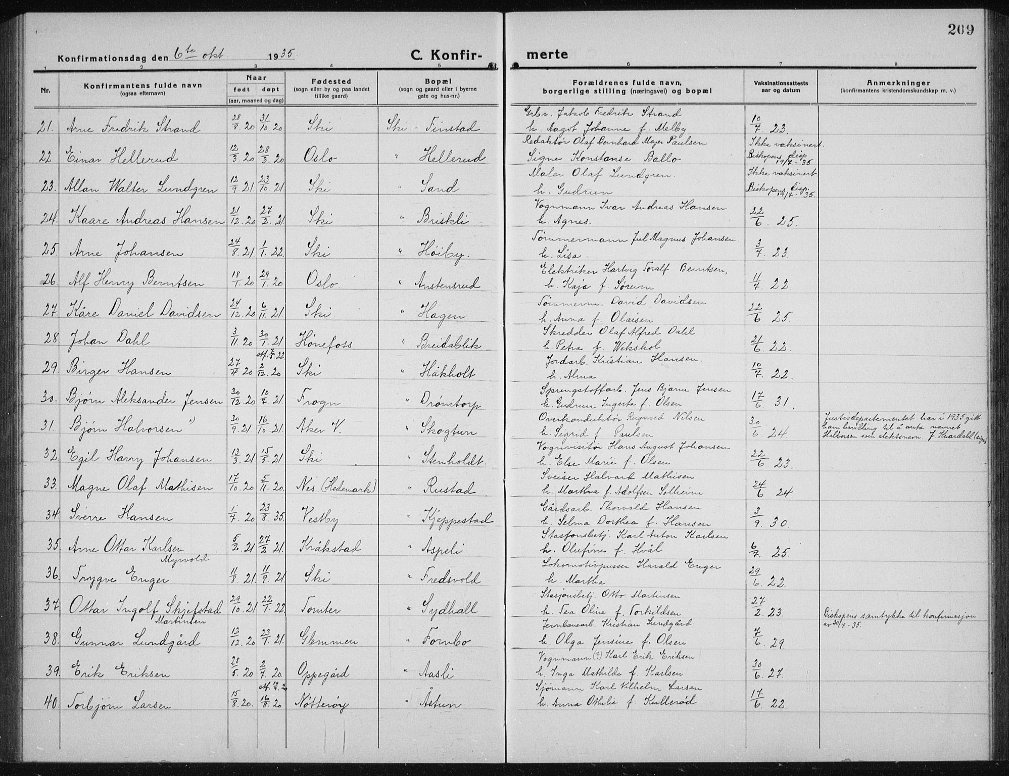 Kråkstad prestekontor Kirkebøker, AV/SAO-A-10125a/G/Gb/L0002: Parish register (copy) no. II 2, 1921-1941, p. 209