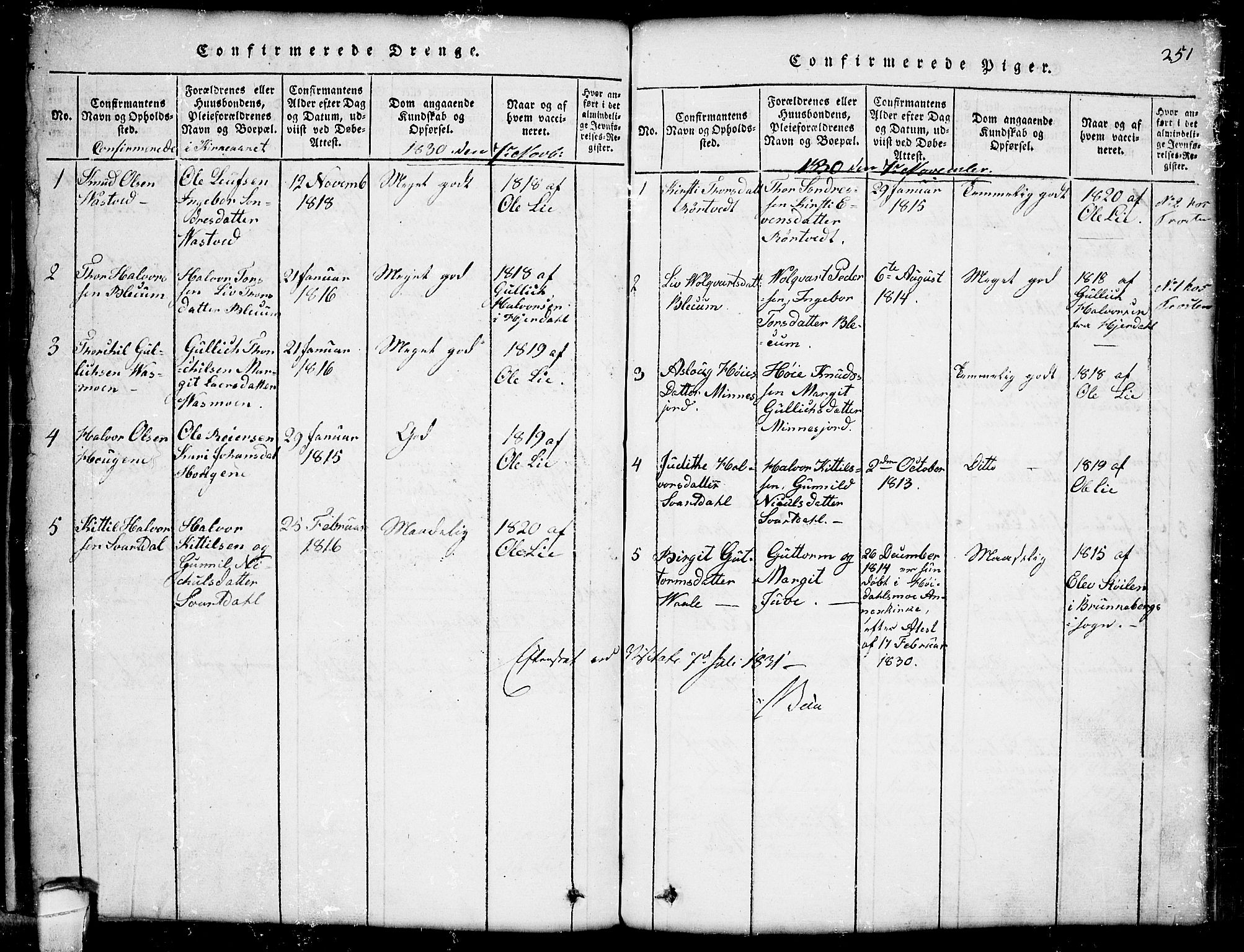 Seljord kirkebøker, SAKO/A-20/G/Gb/L0002: Parish register (copy) no. II 2, 1815-1854, p. 251