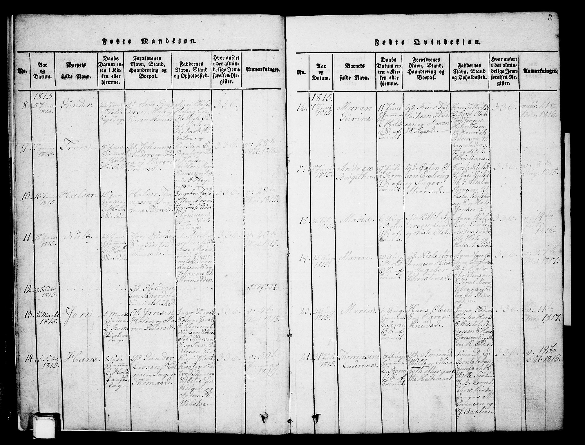 Holla kirkebøker, SAKO/A-272/G/Ga/L0001: Parish register (copy) no. I 1, 1814-1830, p. 3