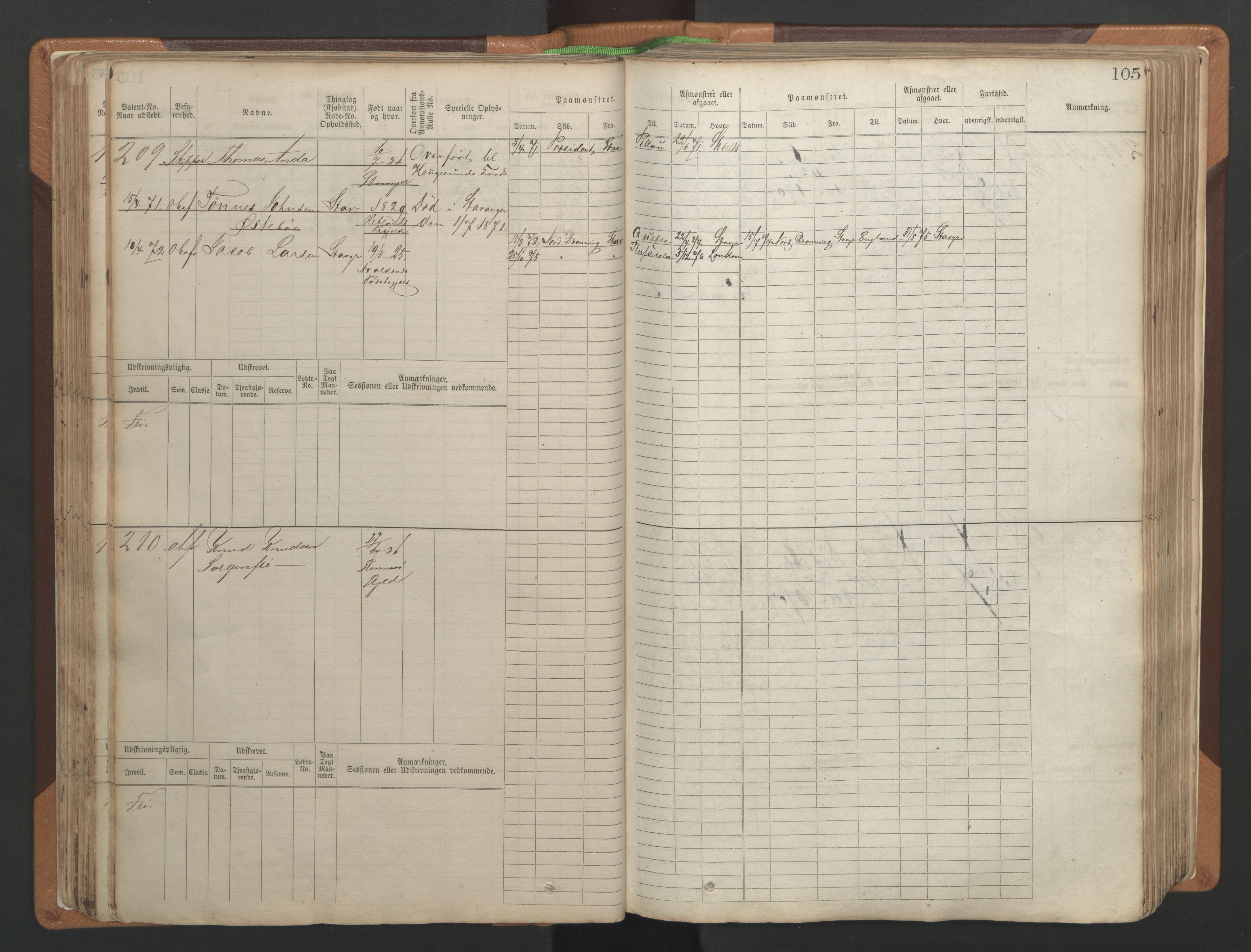 Stavanger sjømannskontor, AV/SAST-A-102006/F/Fb/Fbb/L0004: Sjøfartshovedrulle, patentnr. 1-792 (del 1), 1869-1880, p. 109