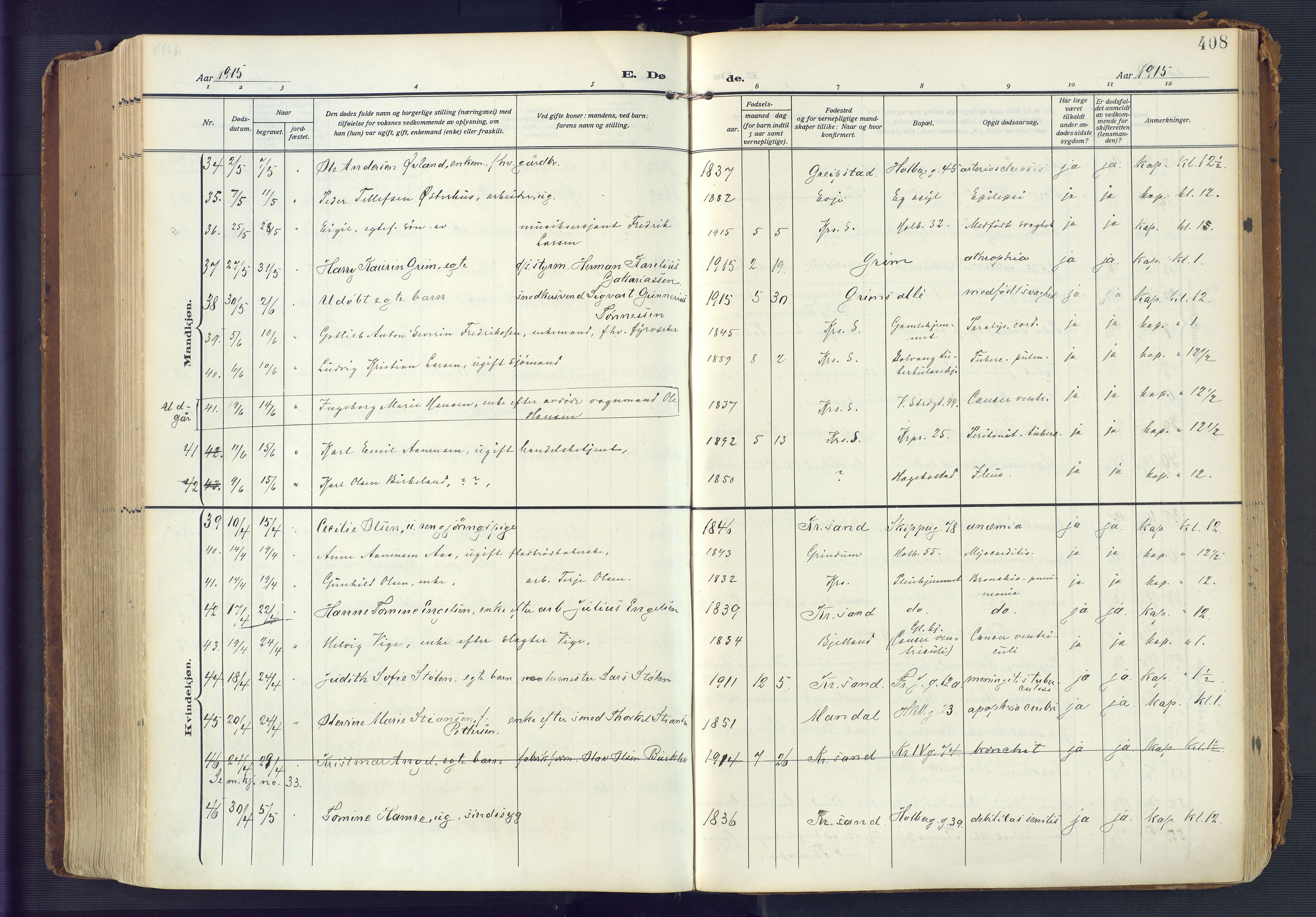 Kristiansand domprosti, AV/SAK-1112-0006/F/Fa/L0023: Parish register (official) no. A 22, 1909-1917, p. 408