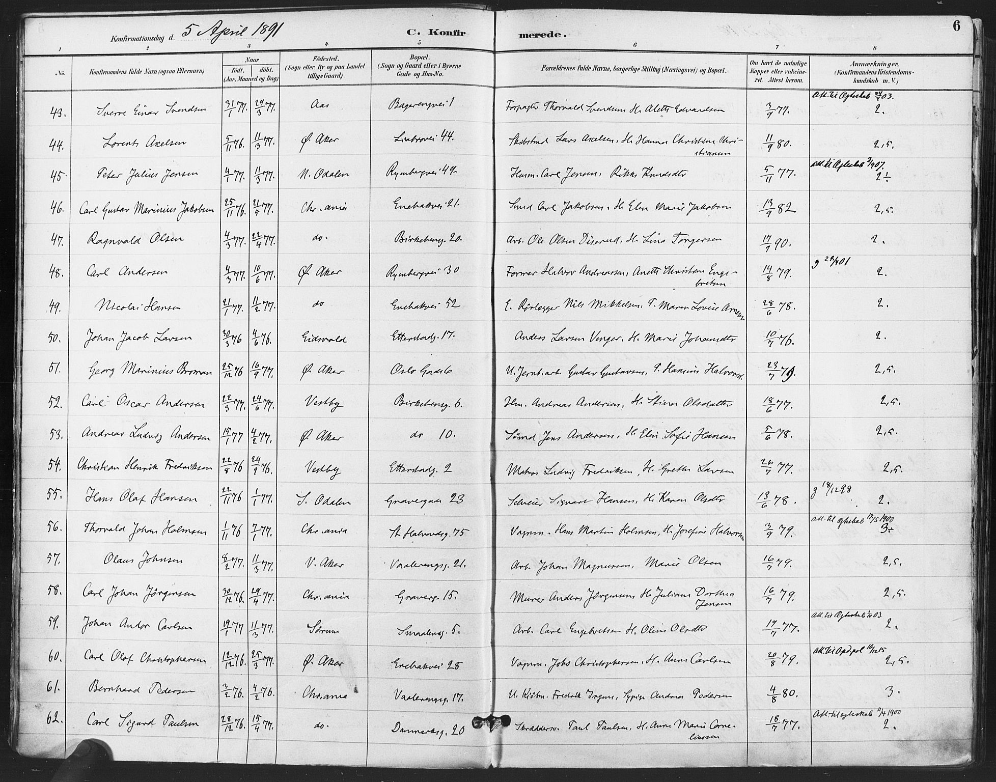 Gamlebyen prestekontor Kirkebøker, SAO/A-10884/F/Fa/L0008: Parish register (official) no. 8, 1891-1908, p. 6